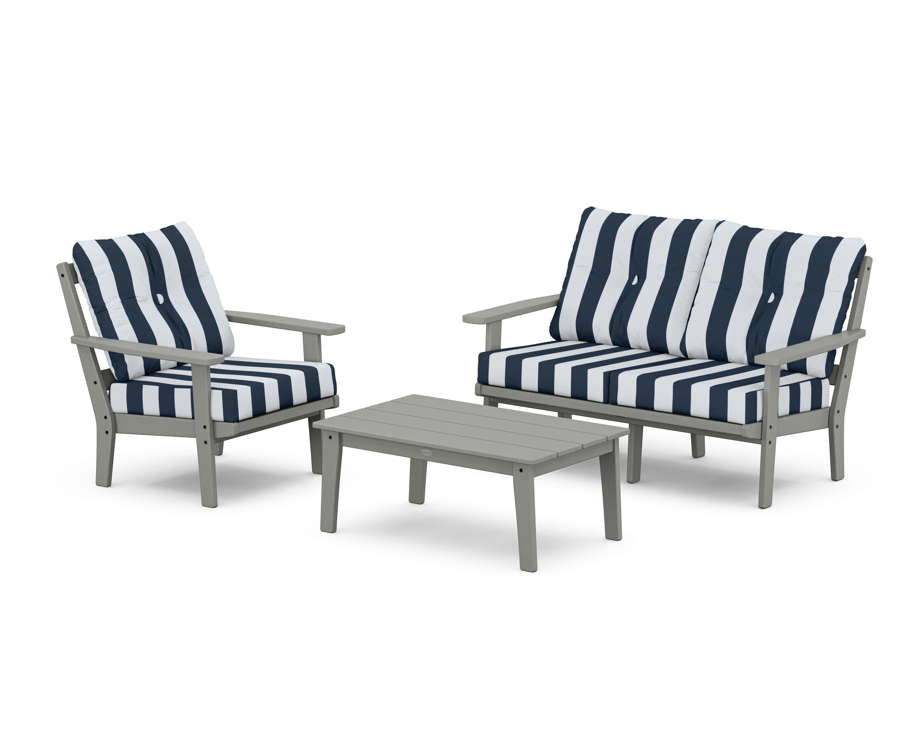 Prairie 3-Piece Deep Seating Set with Loveseat in Slate Grey / Cabana Stripe Marine Indigo
