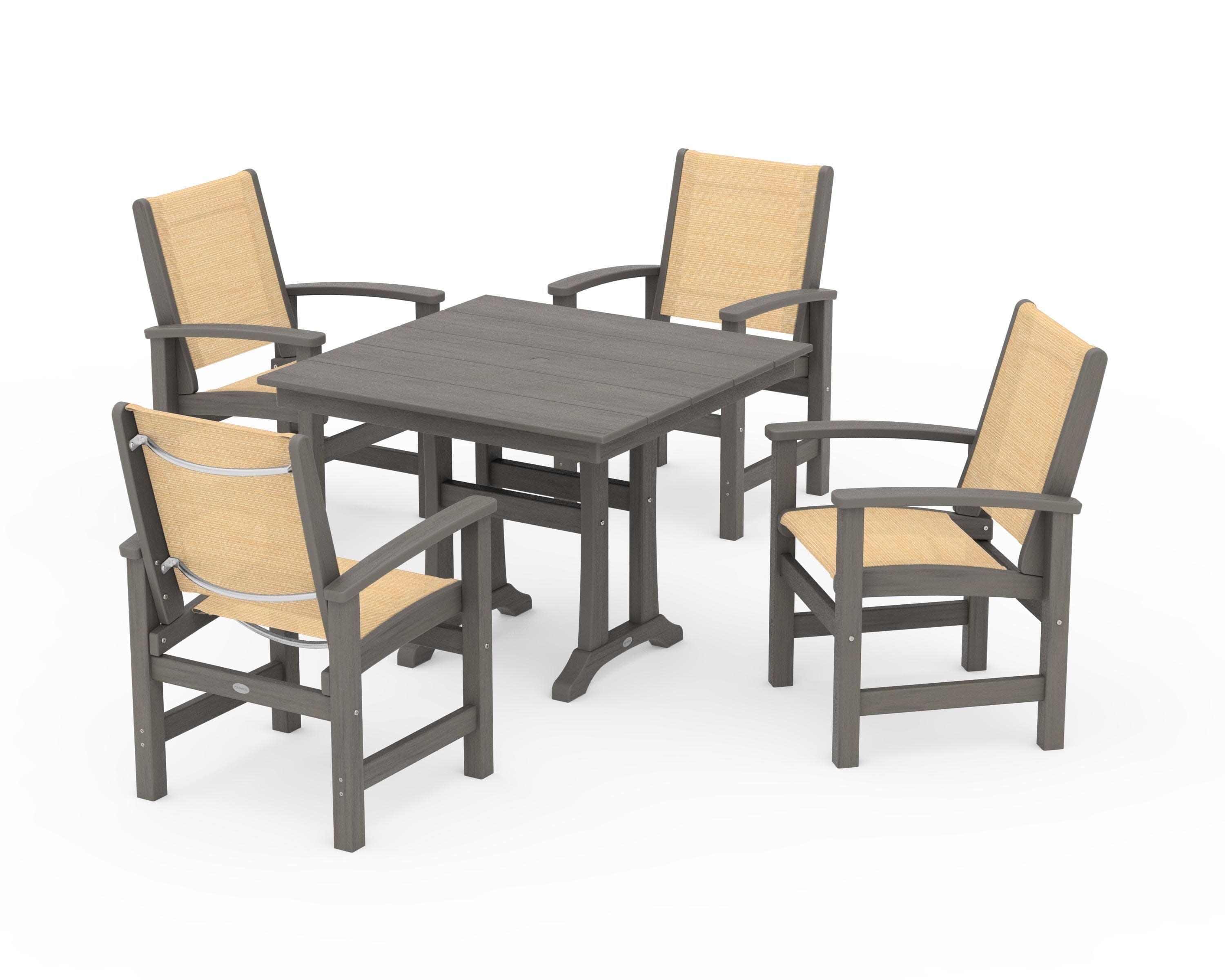 Coastal 5-Piece Farmhouse Dining Set With Trestle Legs in Driftwood / Dupioni Apricot Sling