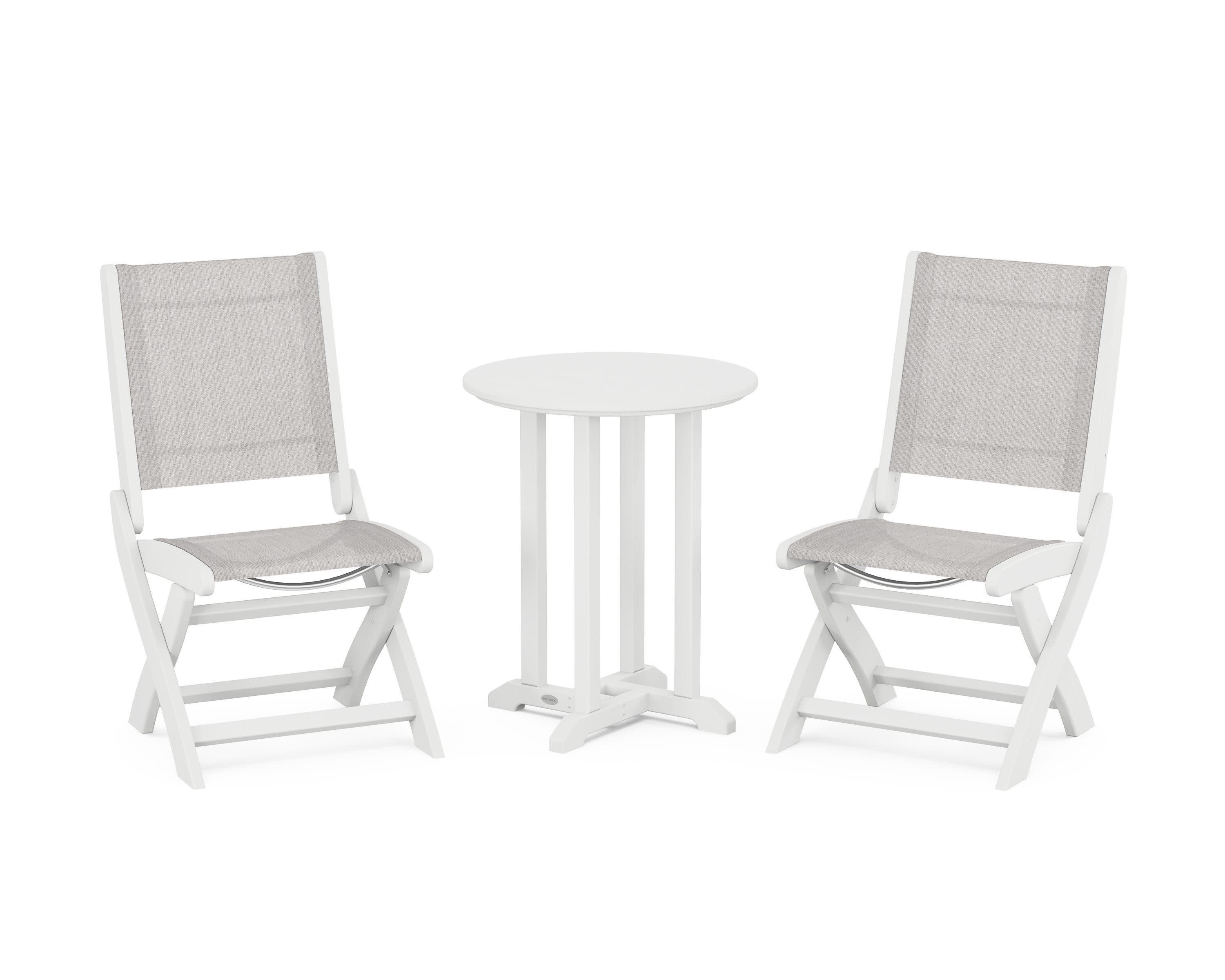 Coastal Folding Side Chair 3-Piece Round Bistro Dining Set in White / Parchment Sling