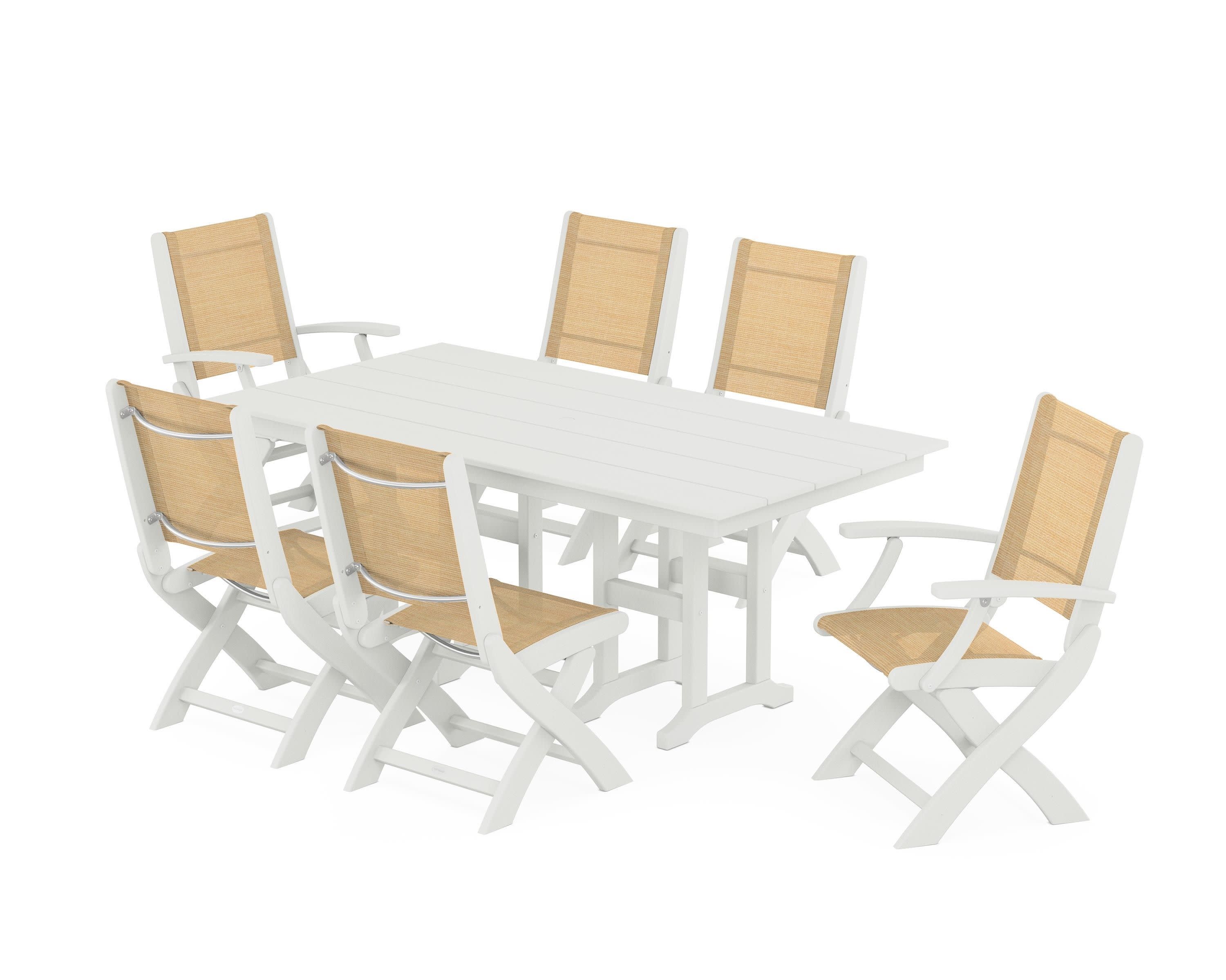 Coastal Folding Chair 7-Piece Farmhouse Dining Set in Vintage White / Dupioni Apricot Sling