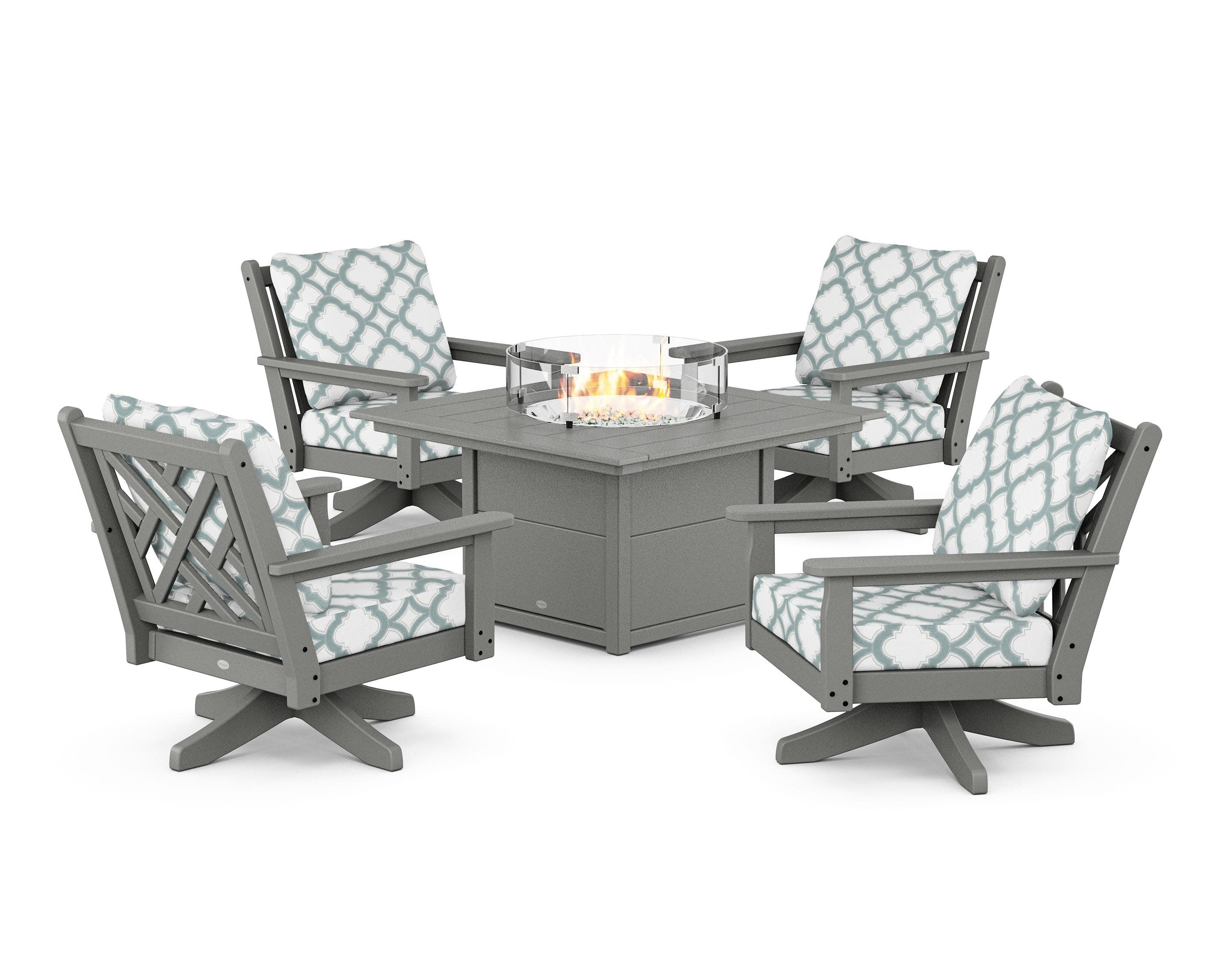 Chippendale 5-Piece Deep Seating Swivel Conversation Set with Fire Pit Table in Slate Grey / Trellis Glacier Spa