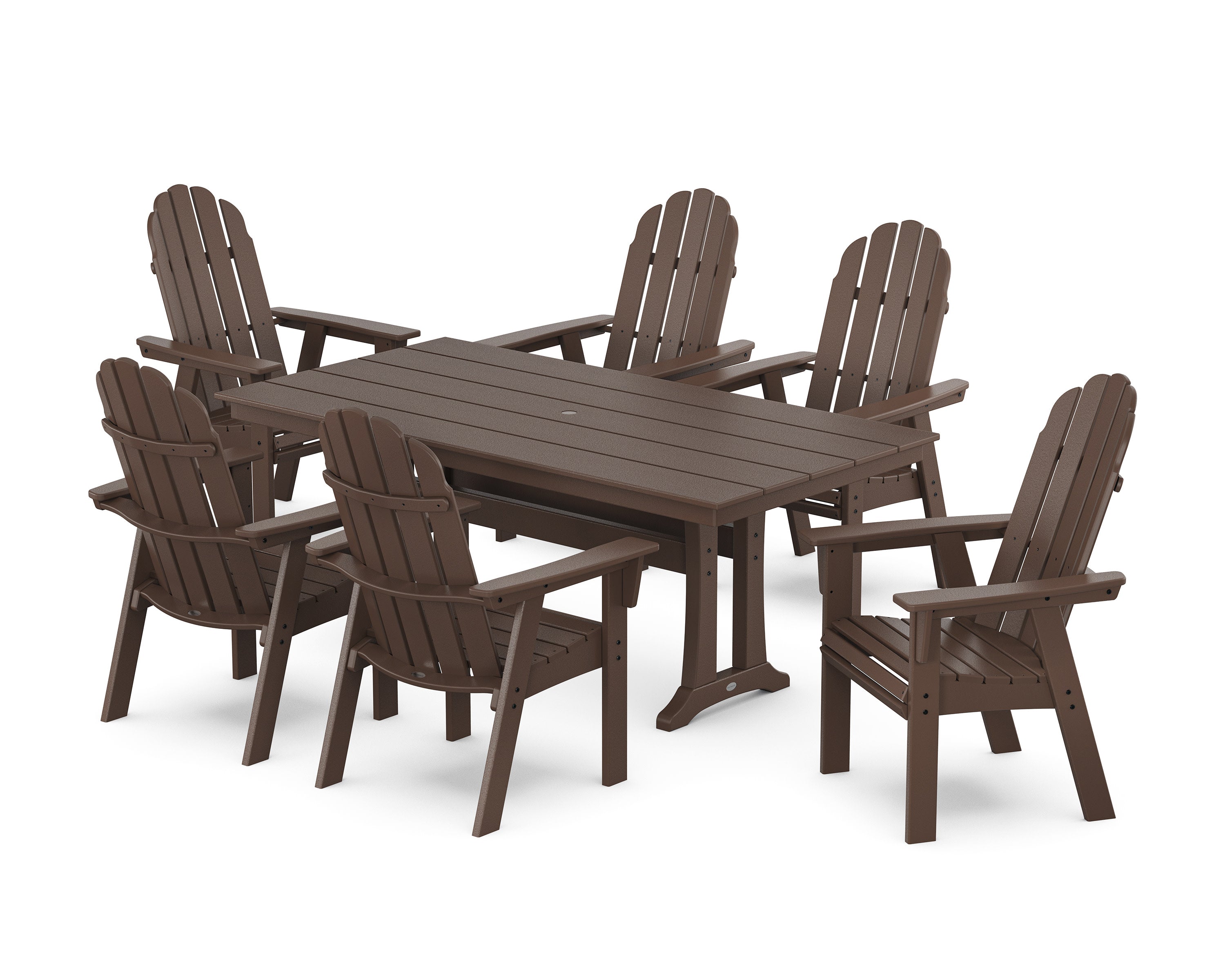 Vineyard Curveback Adirondack Chair 7-Piece Farmhouse Dining Set with Trestle Legs in Mahogany