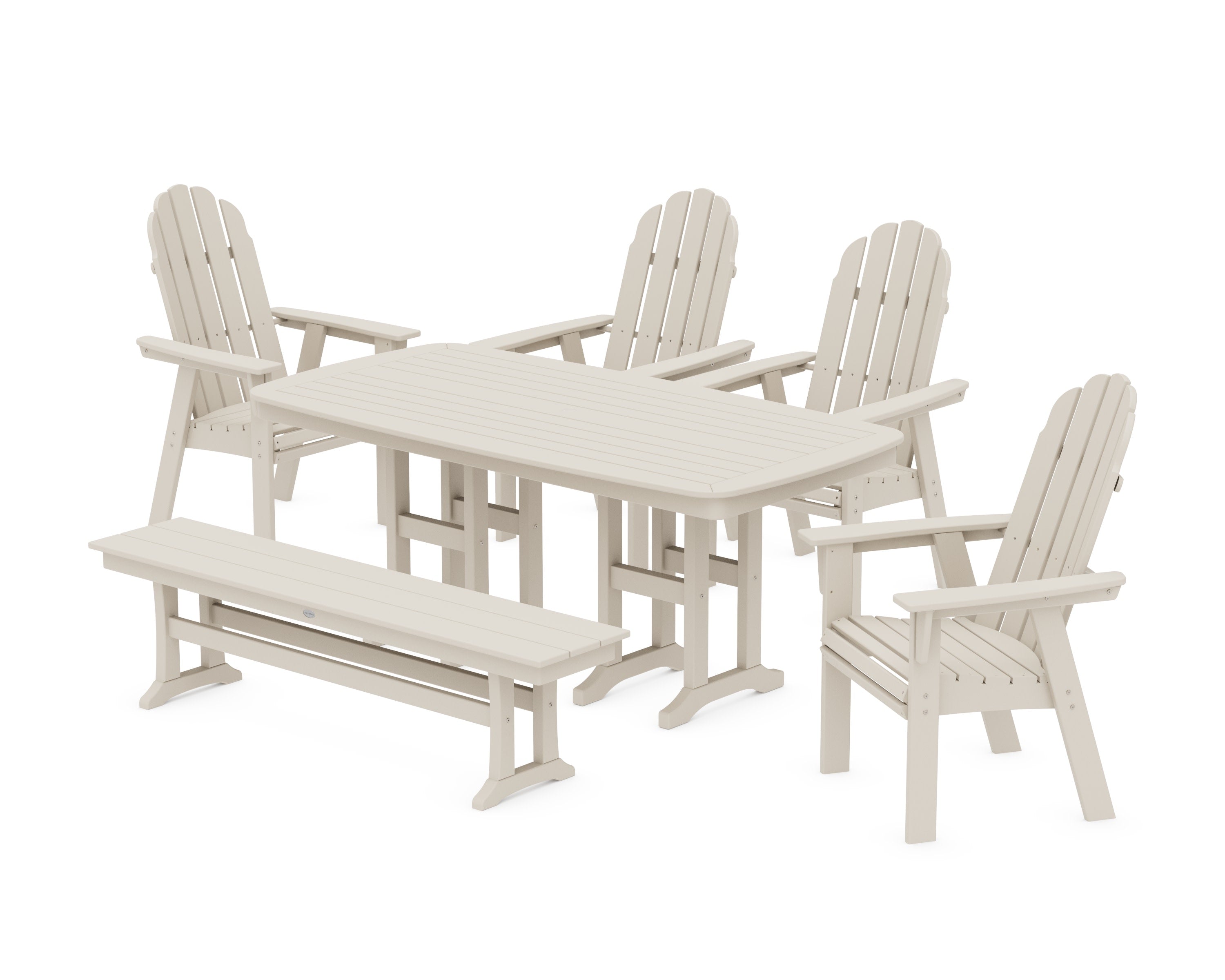 Vineyard Curveback Adirondack Chair 6-Piece Dining Set with Bench in Sand