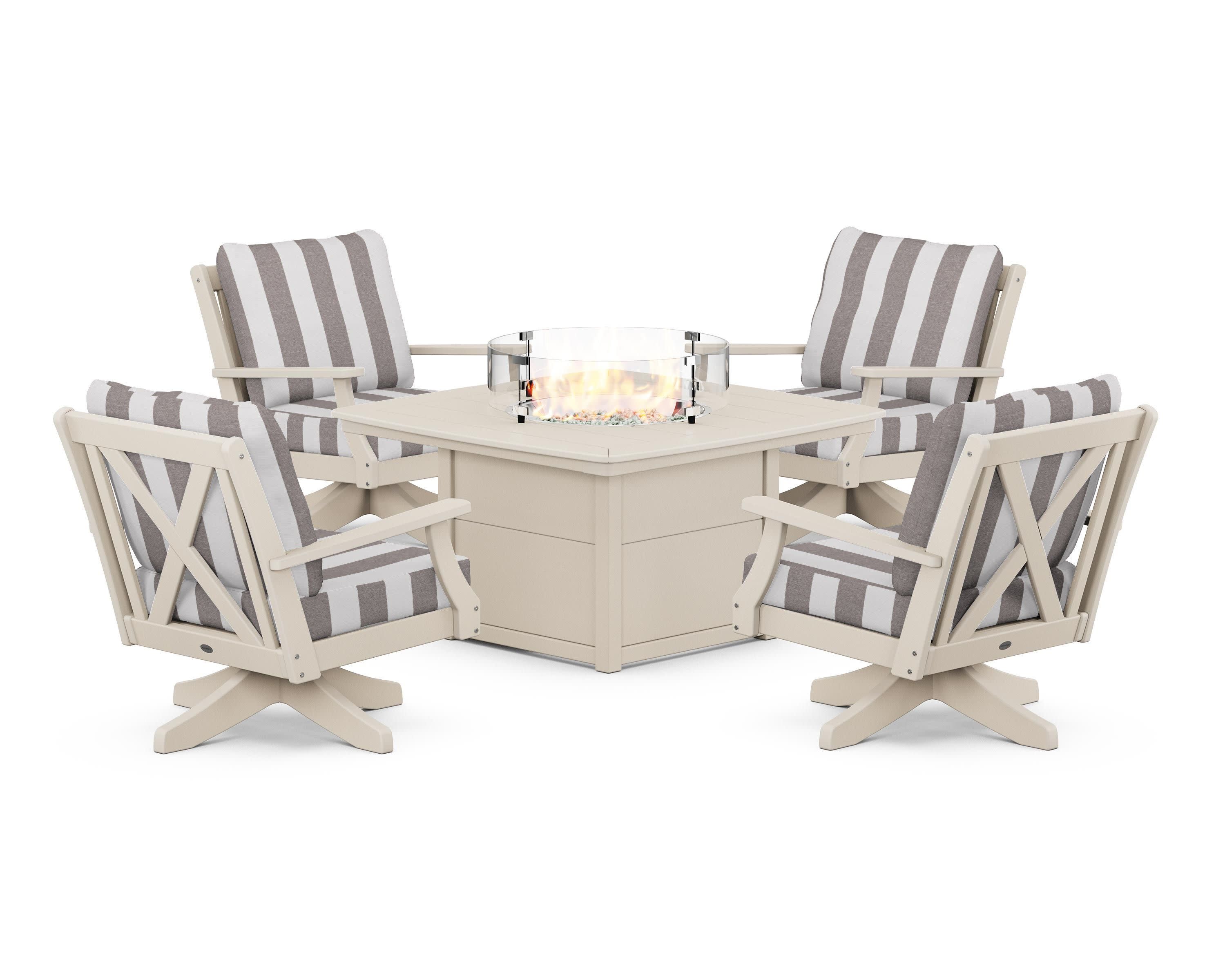 Braxton 5-Piece Deep Seating Swivel Conversation Set with Fire Pit Table in Sand / Cabana Stripe Grey Mist