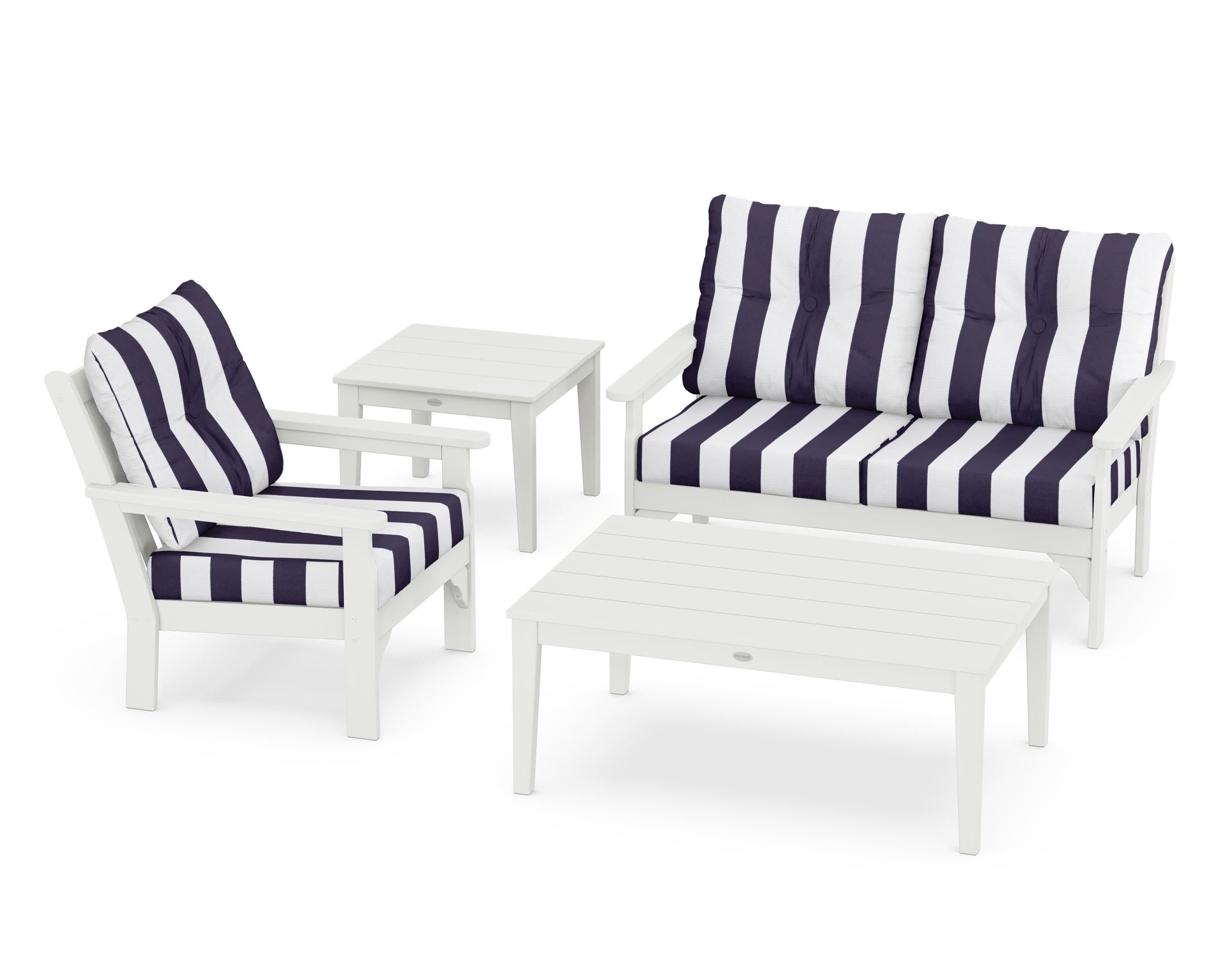 Vineyard 4-Piece Deep Seating Set in Vintage White / Cabana Stripe Navy