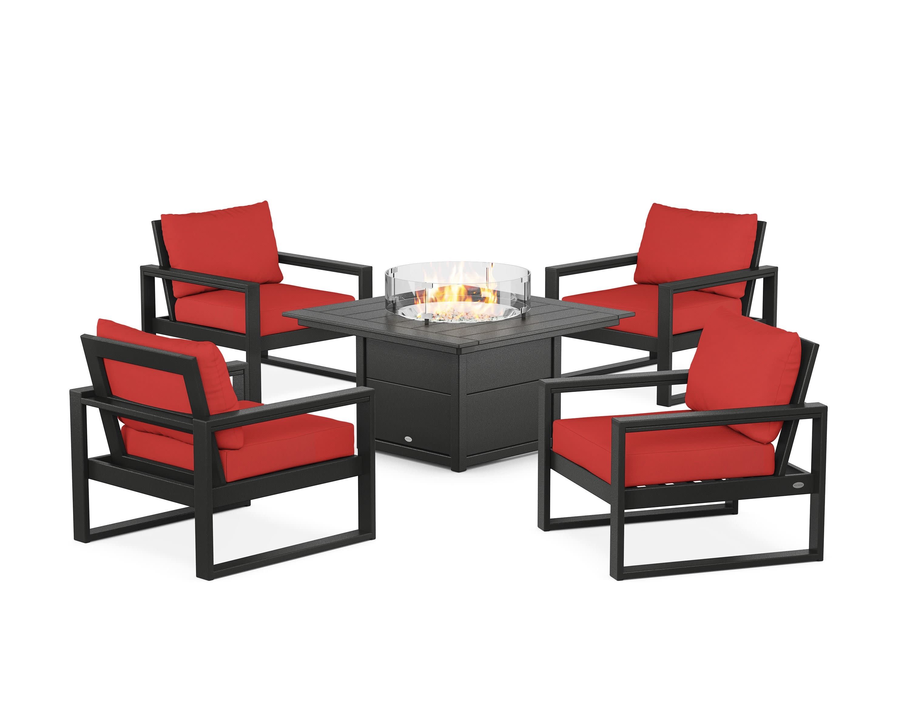 EDGE Sectional 5-Piece Deep Seating Set with Fire Pit Table in Black / Crimson Linen