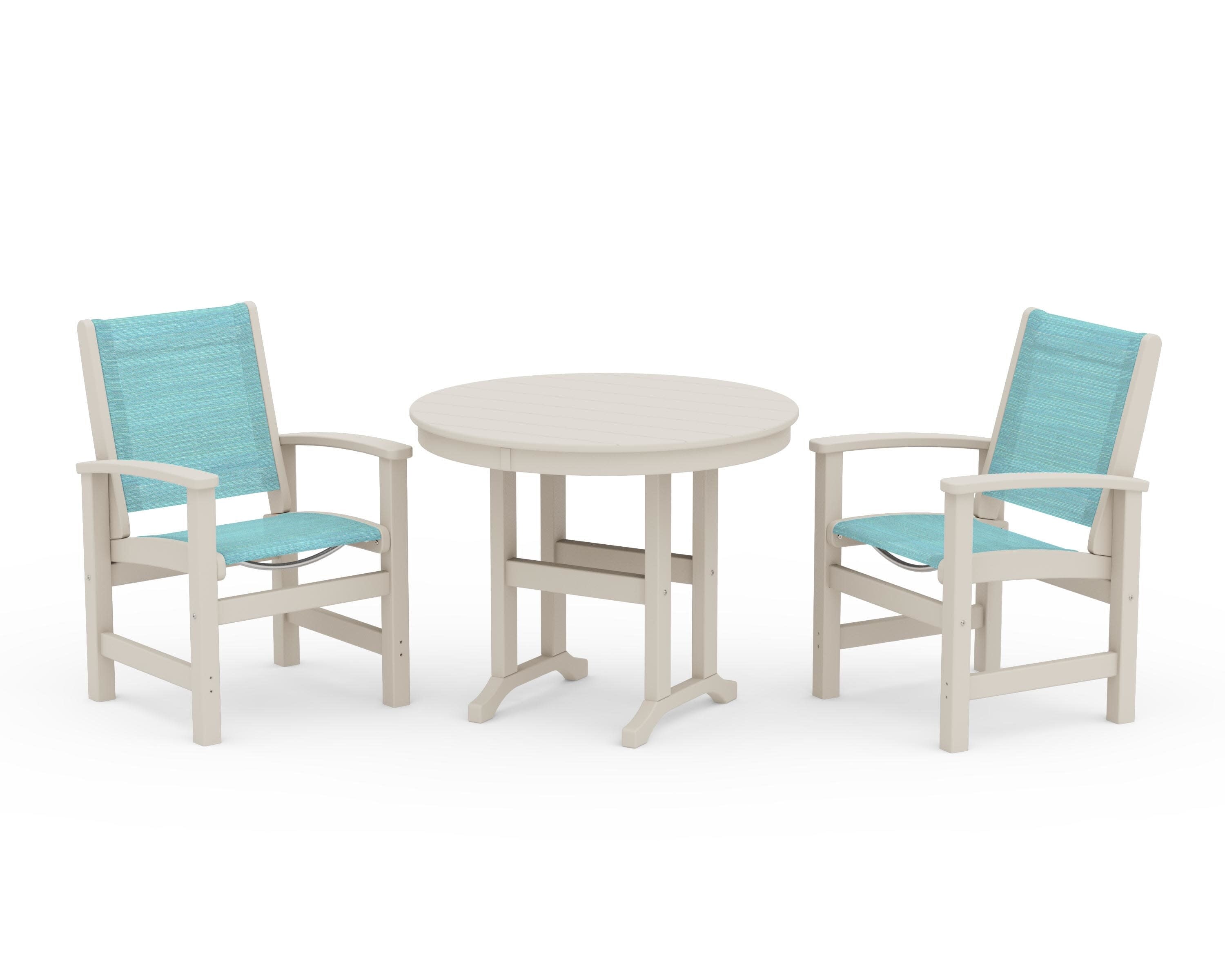 Coastal 3-Piece Round Dining Set in Sand / Dupioni Aquamarine Sling