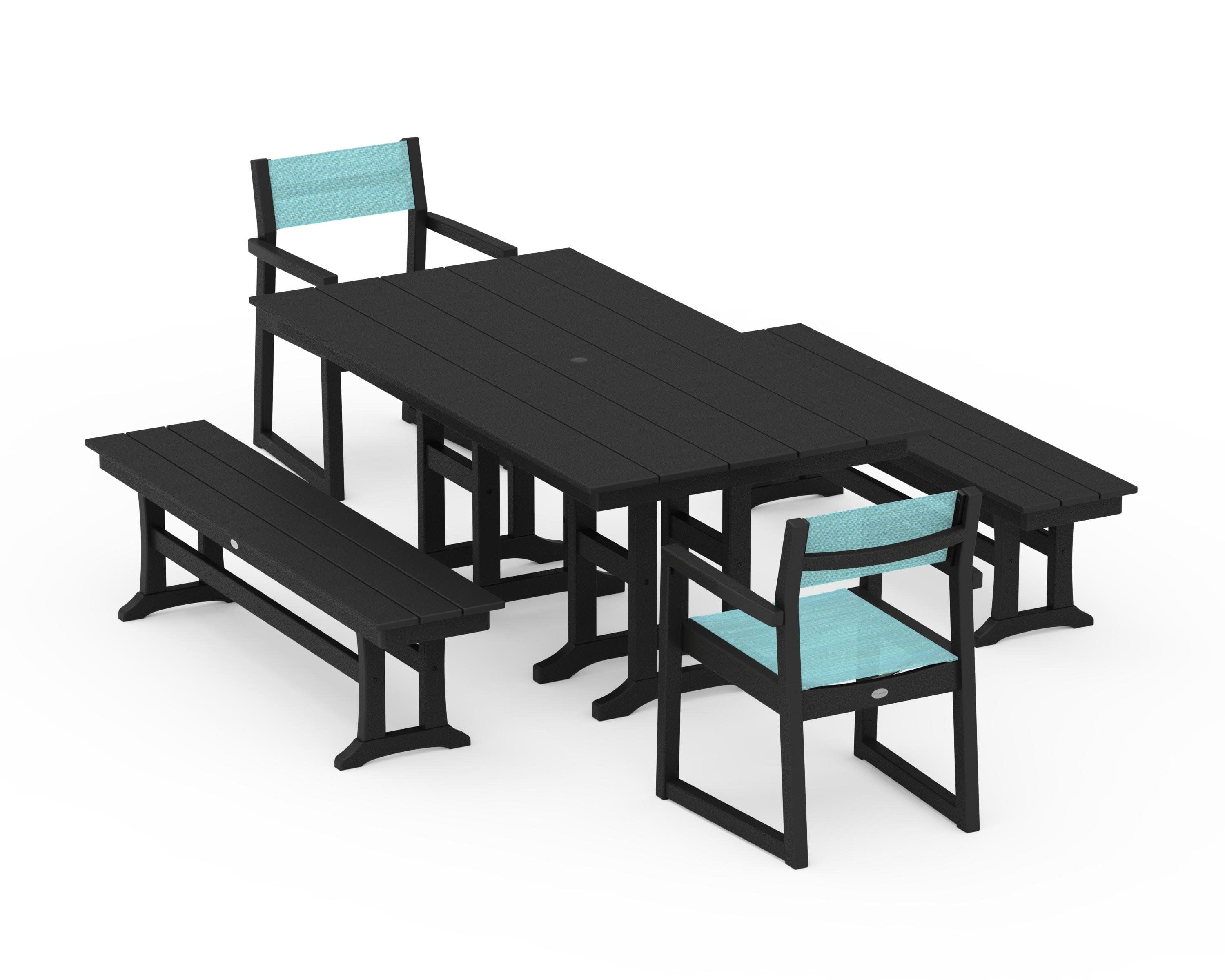 EDGE Sling Arm Chair 5-Piece Farmhouse Dining Set with Benches in Black / Dupioni Aquamarine Sling
