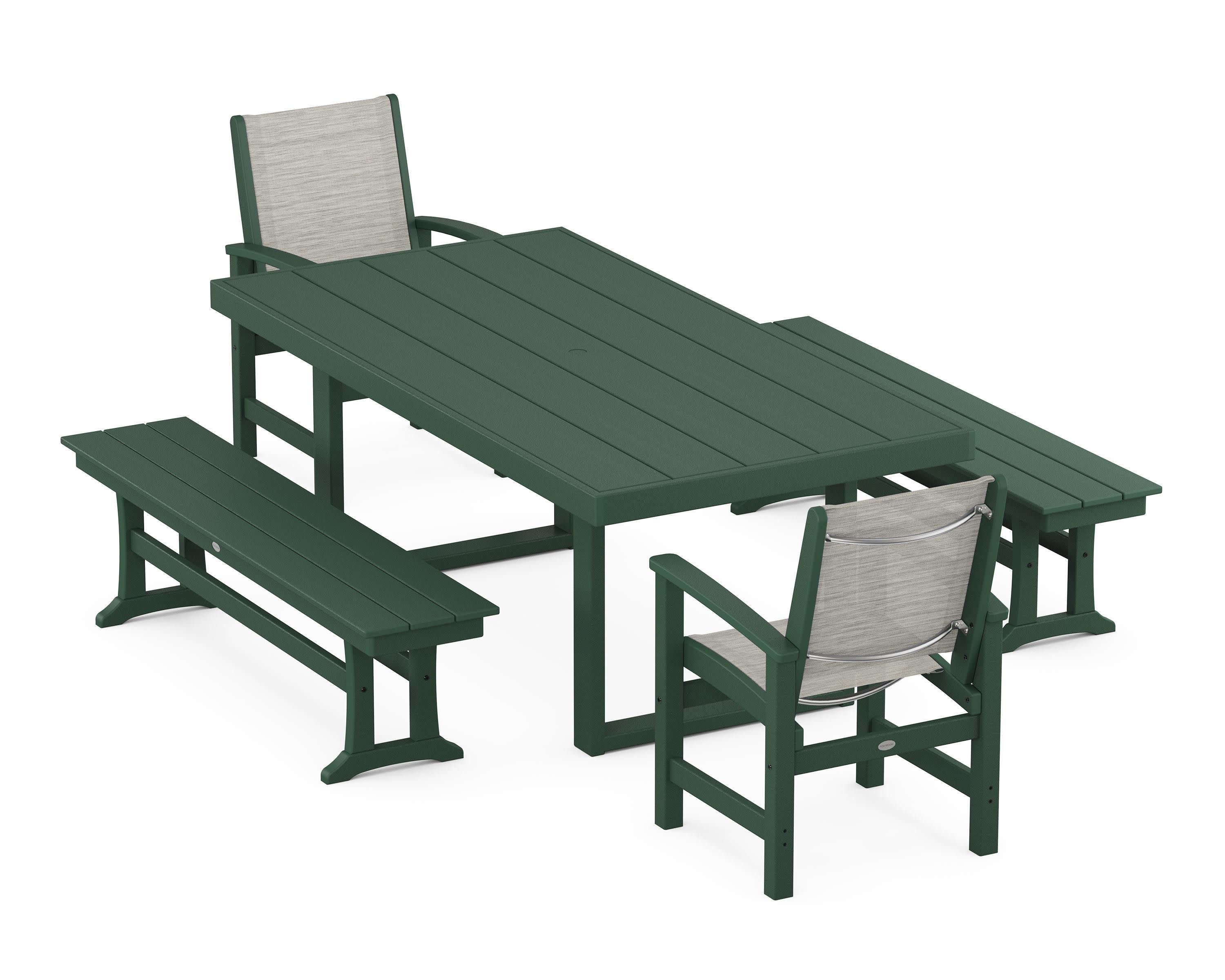 Coastal 5-Piece Dining Set with Trestle Legs in Green / Birch Sling