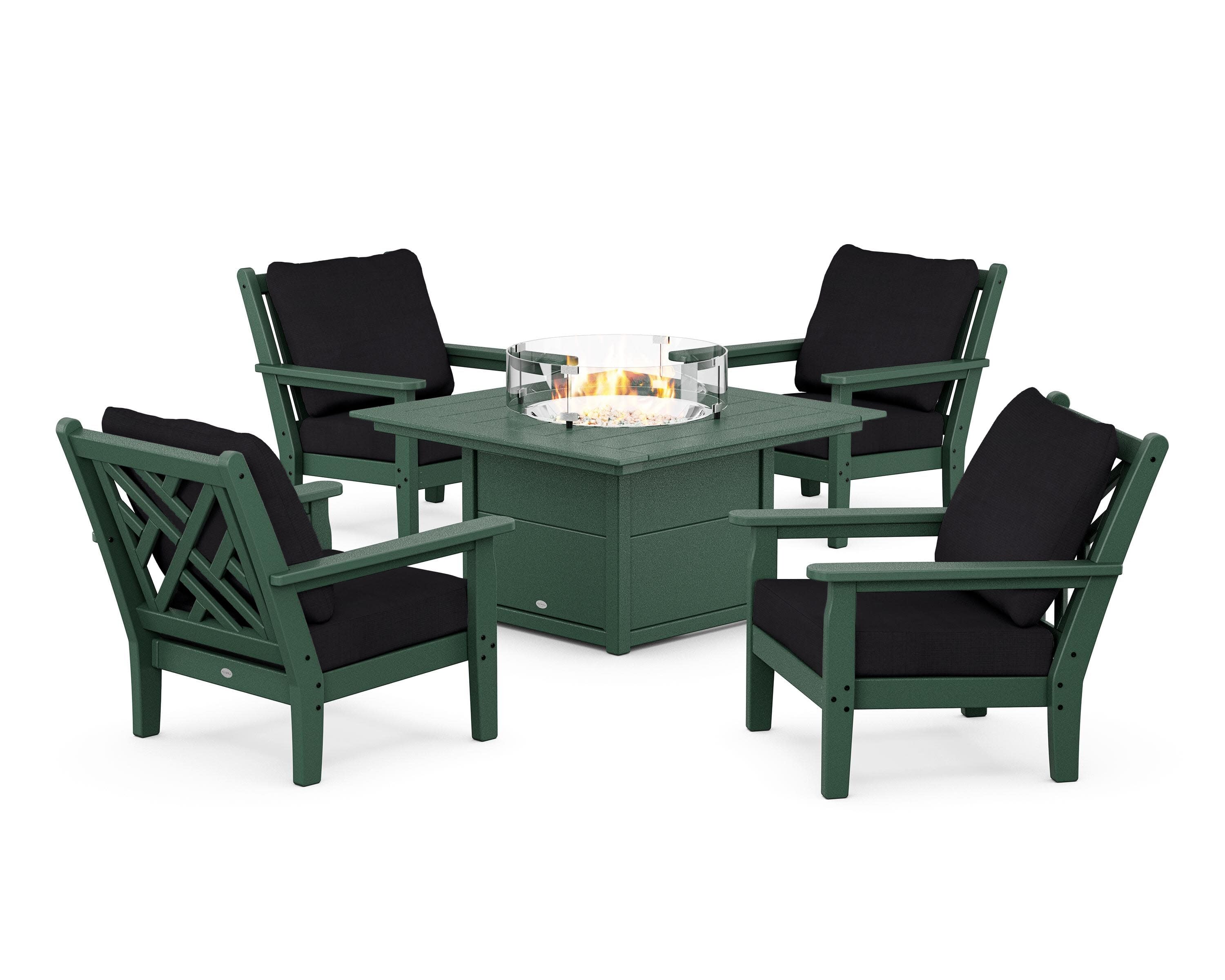 Chippendale 5-Piece Deep Seating Set with Fire Pit Table in Green / Midnight Linen