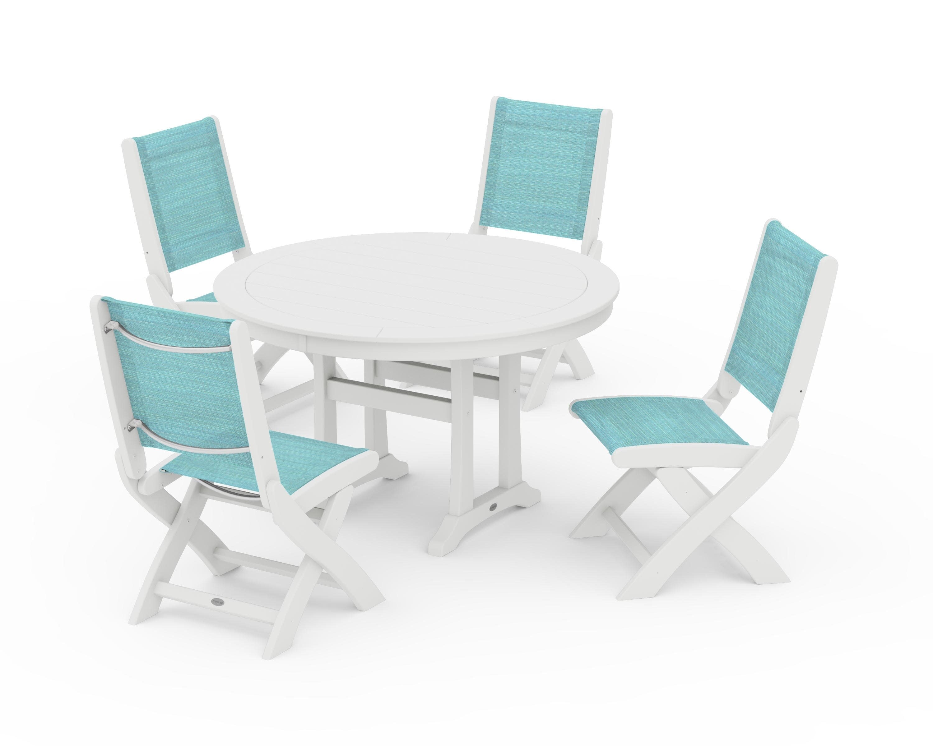 Coastal Folding Side Chair 5-Piece Round Dining Set With Trestle Legs in White / Dupioni Aquamarine Sling