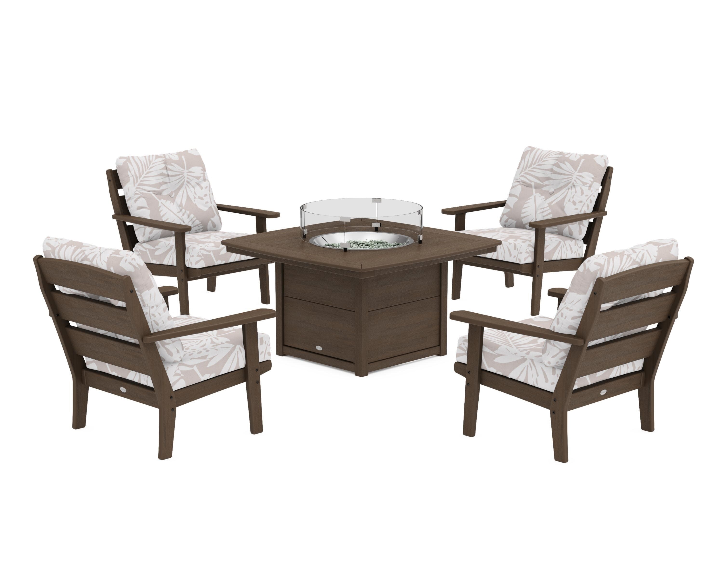 Lakeside 5-Piece Deep Seating Set with Nautical Fire Pit Table in Kona / Leaf Dune Burlap