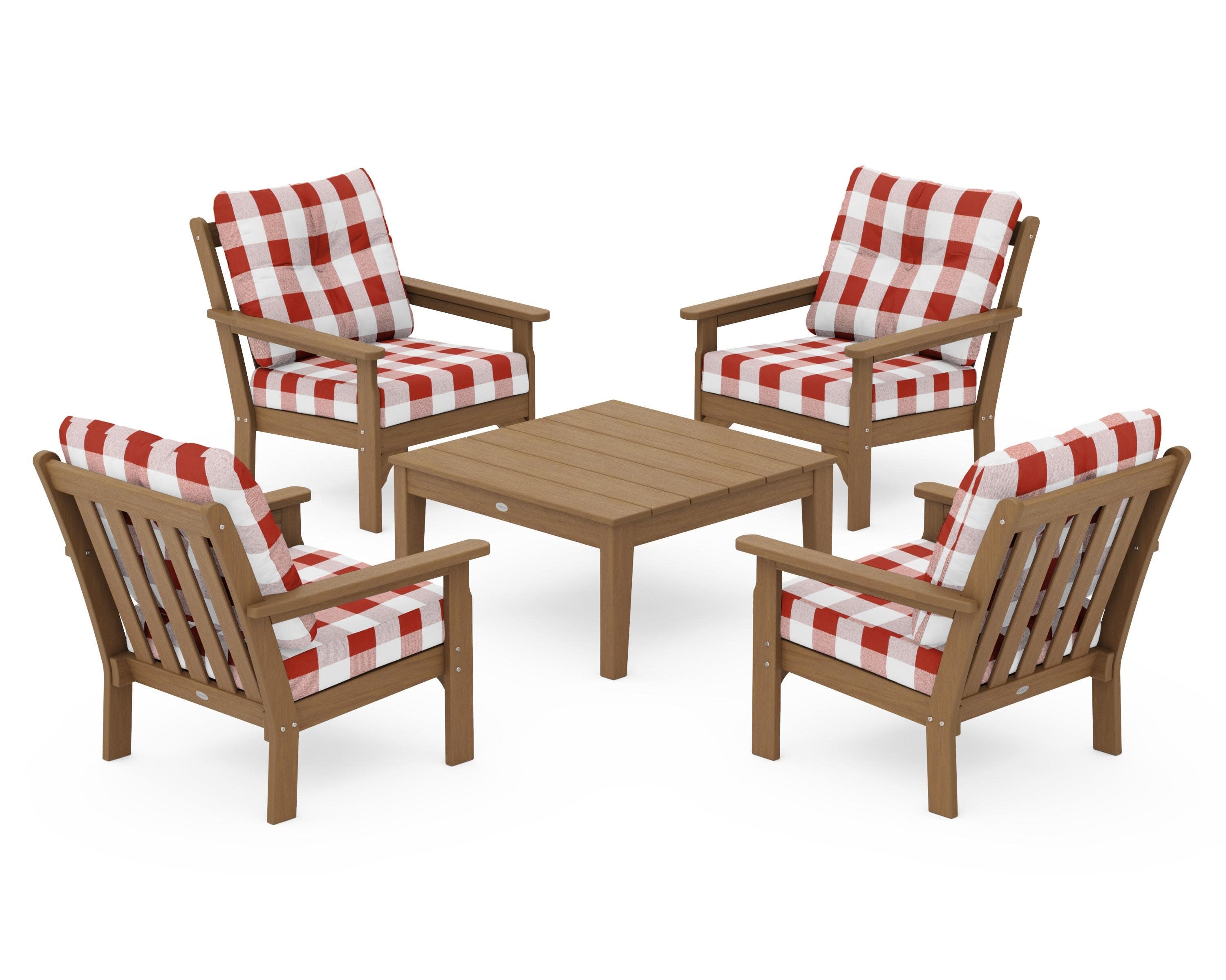 Vineyard 5-Piece Deep Seating Conversation Set in Natural / Buffalo Plaid Crimson