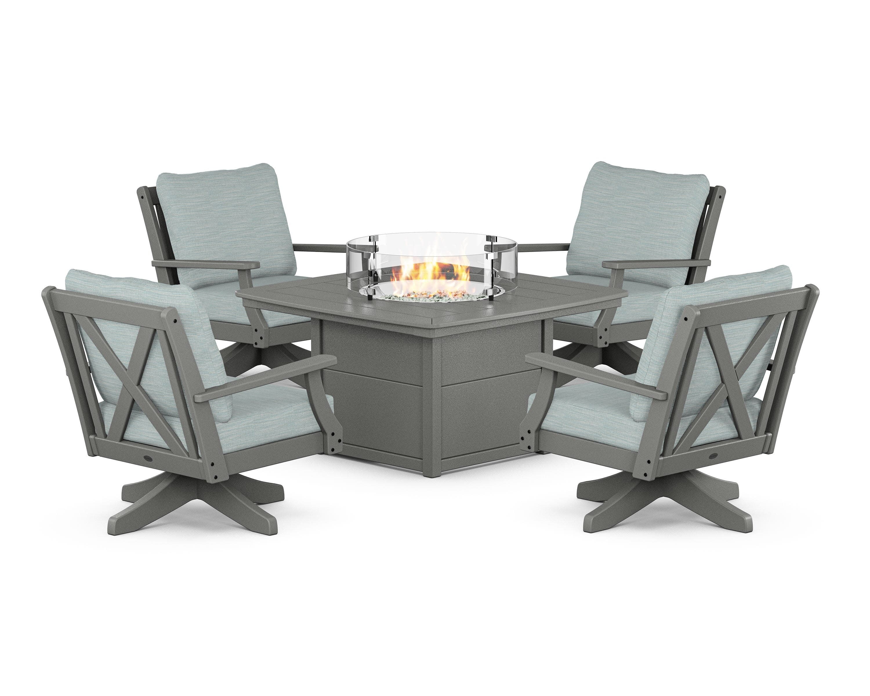 Braxton 5-Piece Deep Seating Swivel Conversation Set with Fire Pit Table in Slate Grey / Soothe Mist