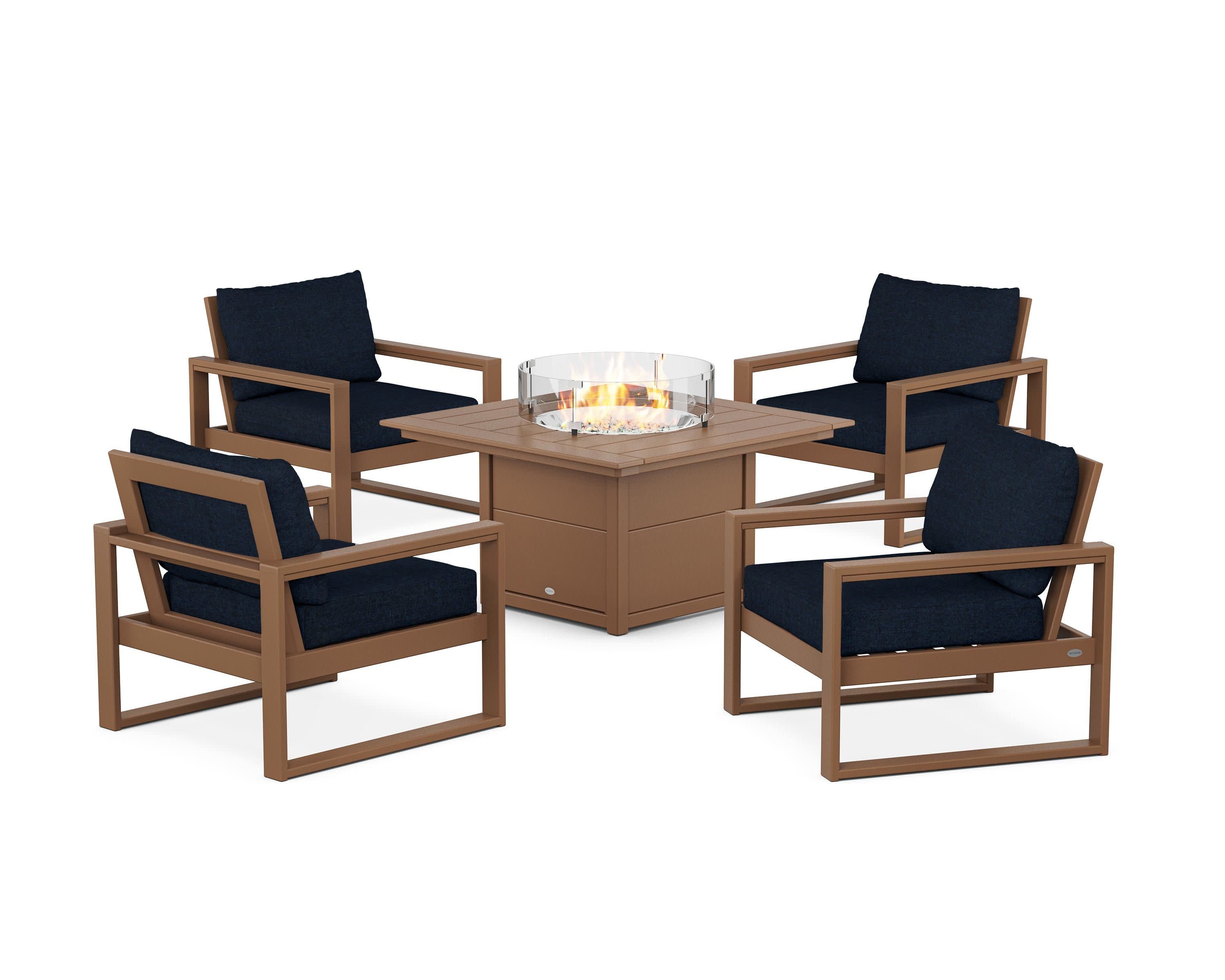 EDGE Sectional 5-Piece Deep Seating Set with Fire Pit Table in Teak / Marine Indigo