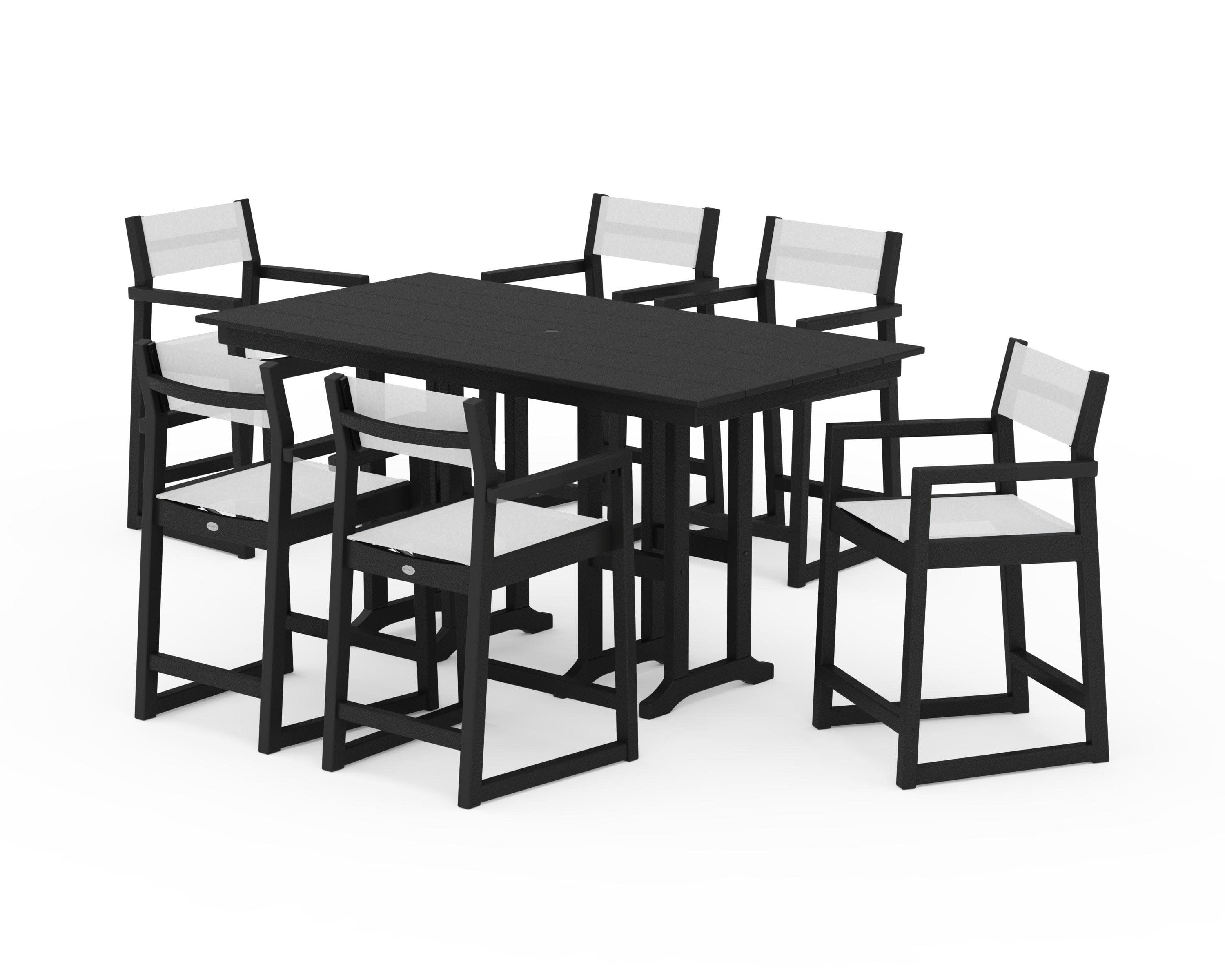 EDGE Sling Arm Chair 7-Piece Farmhouse Counter Set in Black / White Sling