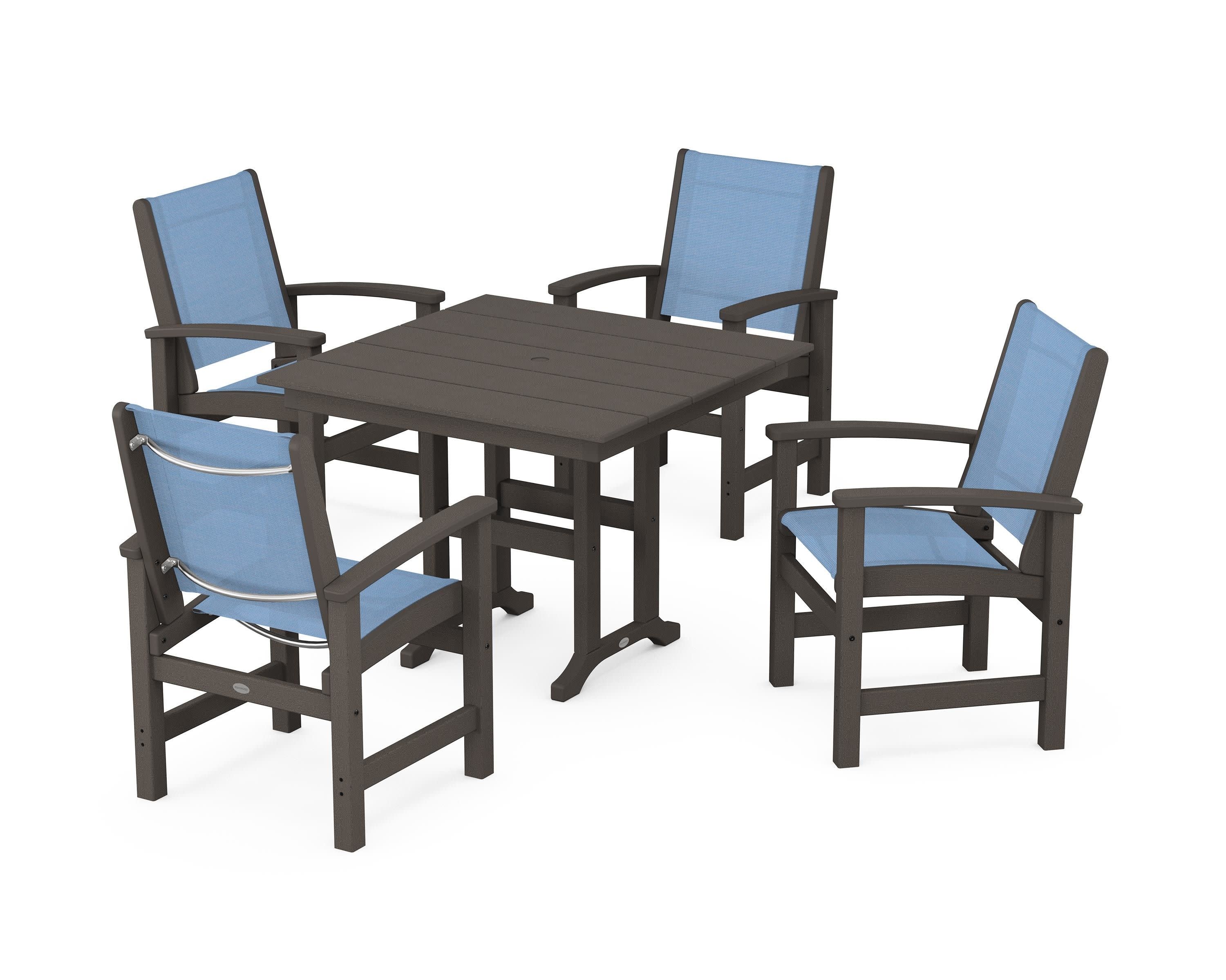 Coastal 5-Piece Farmhouse Dining Set in Vintage Coffee / Poolside Sling