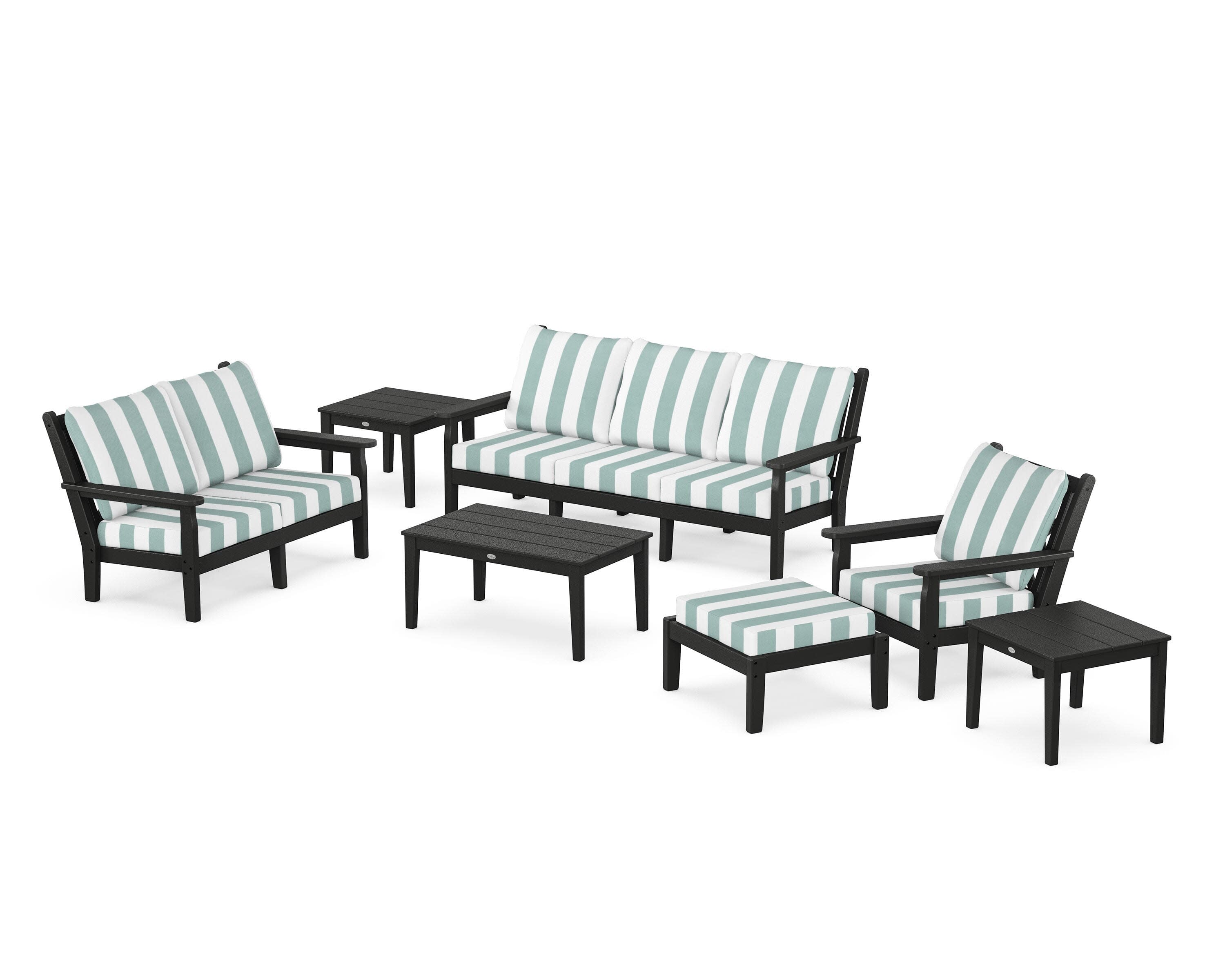 Chippendale 7-Piece Deep Seating Set in Black / Cabana Stripe Glacier Spa