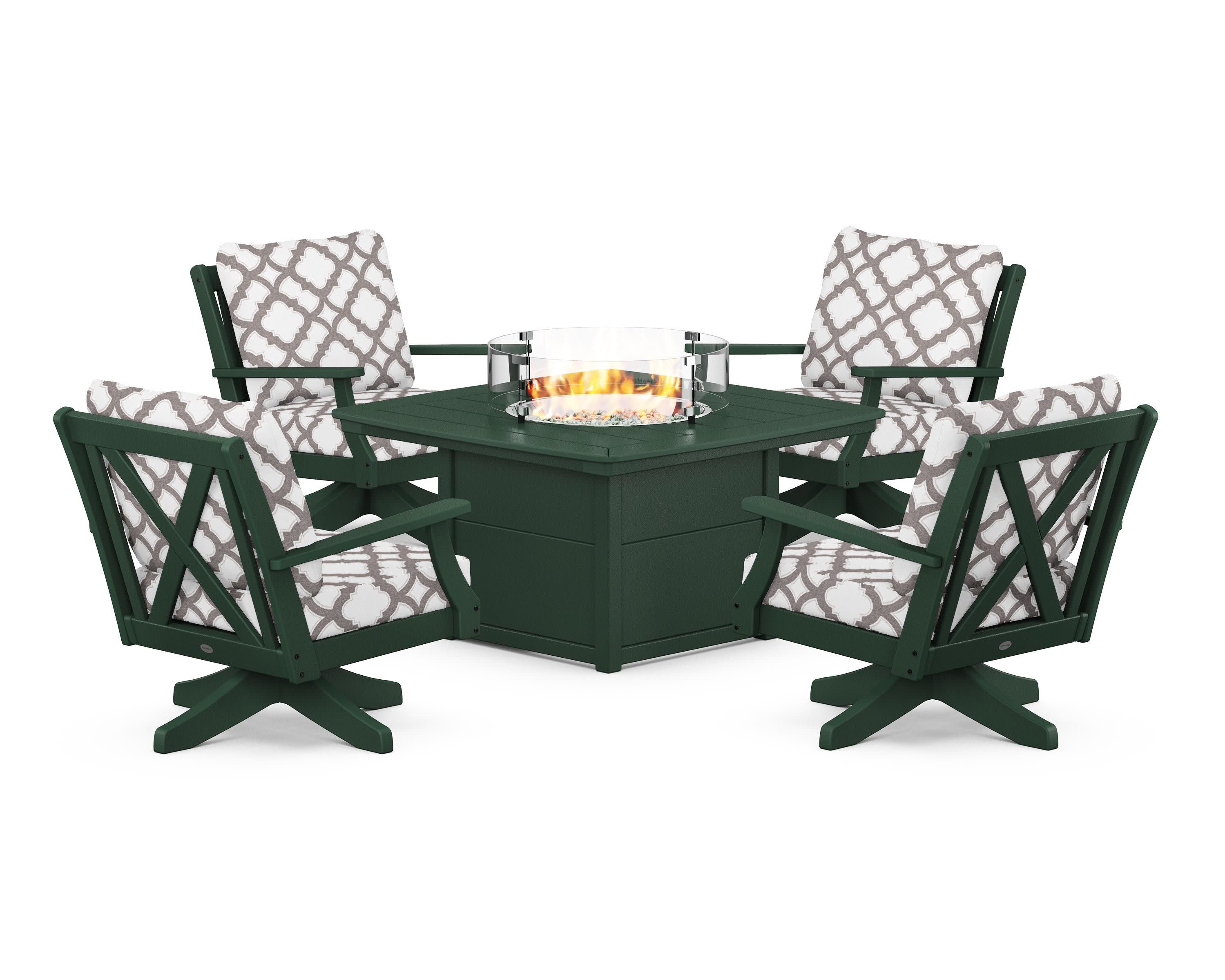 Braxton 5-Piece Deep Seating Swivel Conversation Set with Fire Pit Table in Green / Trellis Grey Mist