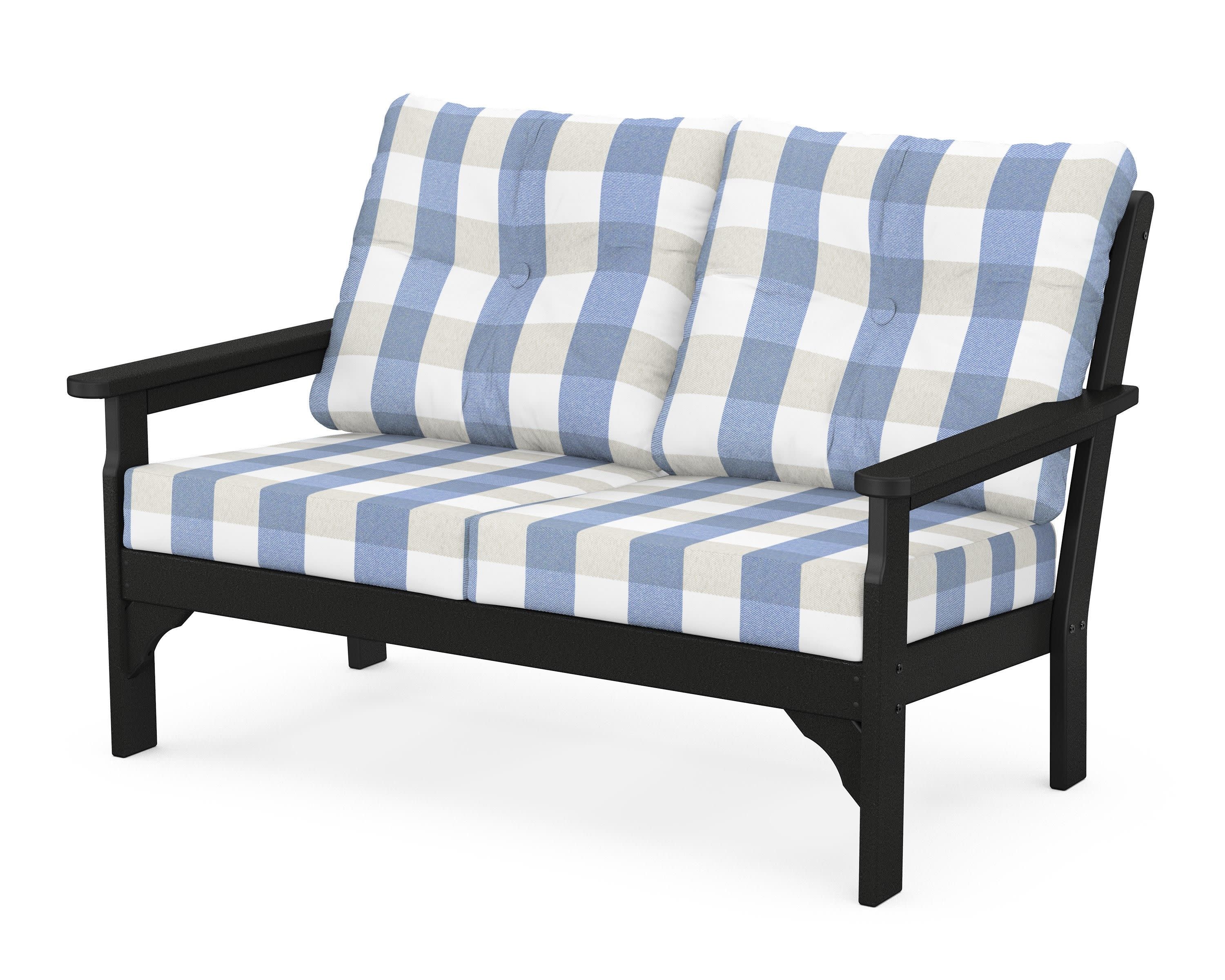 Vineyard Deep Seating Loveseat in Black / Buffalo Plaid Sky Blue