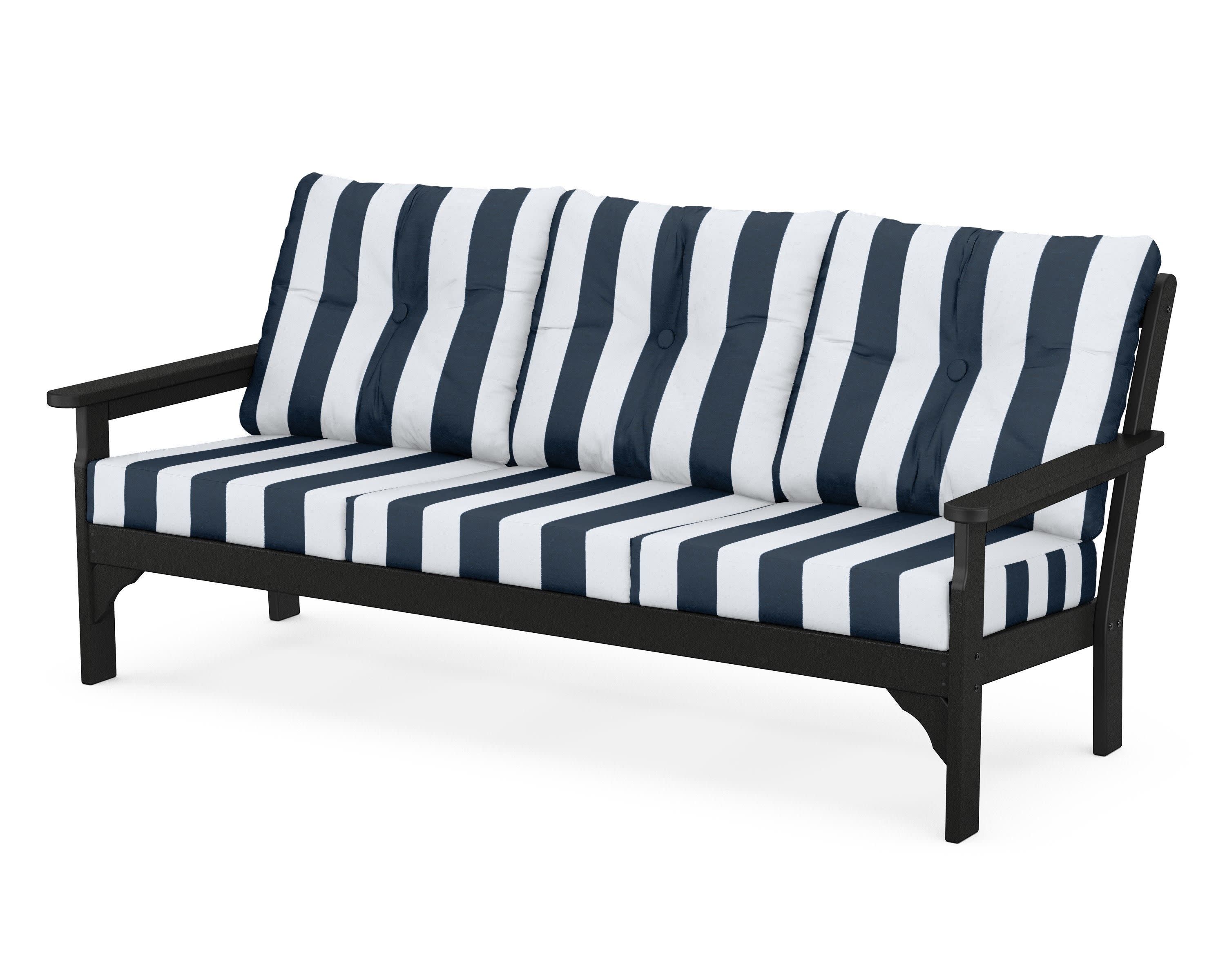 Vineyard Deep Seating Sofa in Black / Cabana Stripe Marine Indigo
