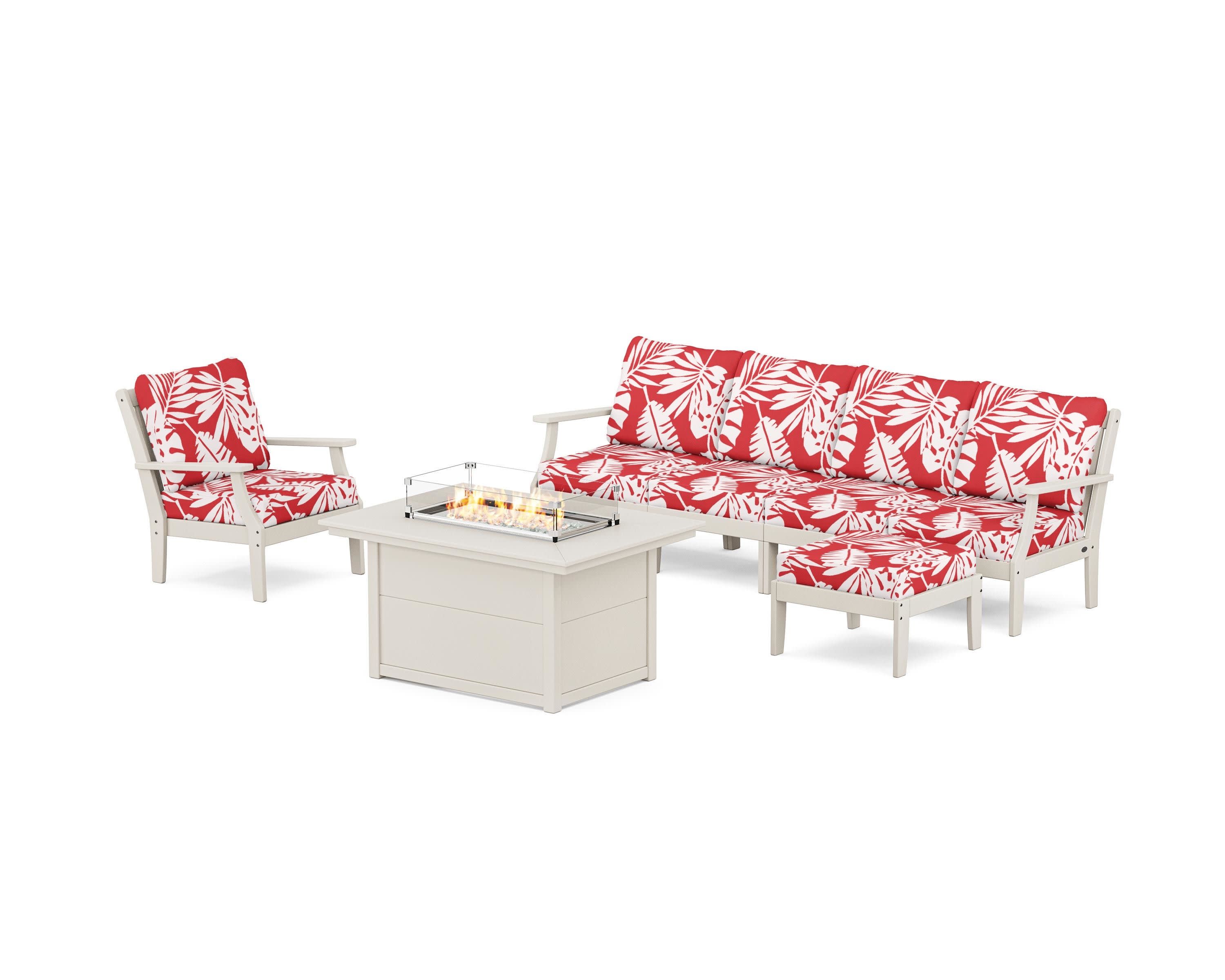Braxton Sectional Lounge and Fire Pit Set in Sand / Leaf Crimson
