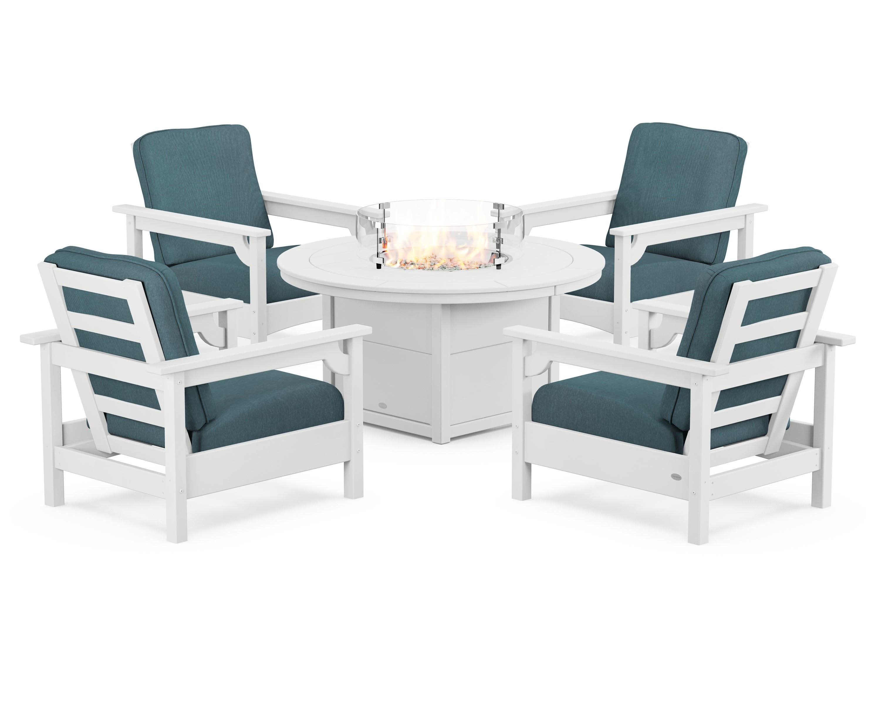 Club 5-Piece Conversation Set with Fire Pit Table in White / Ocean Teal
