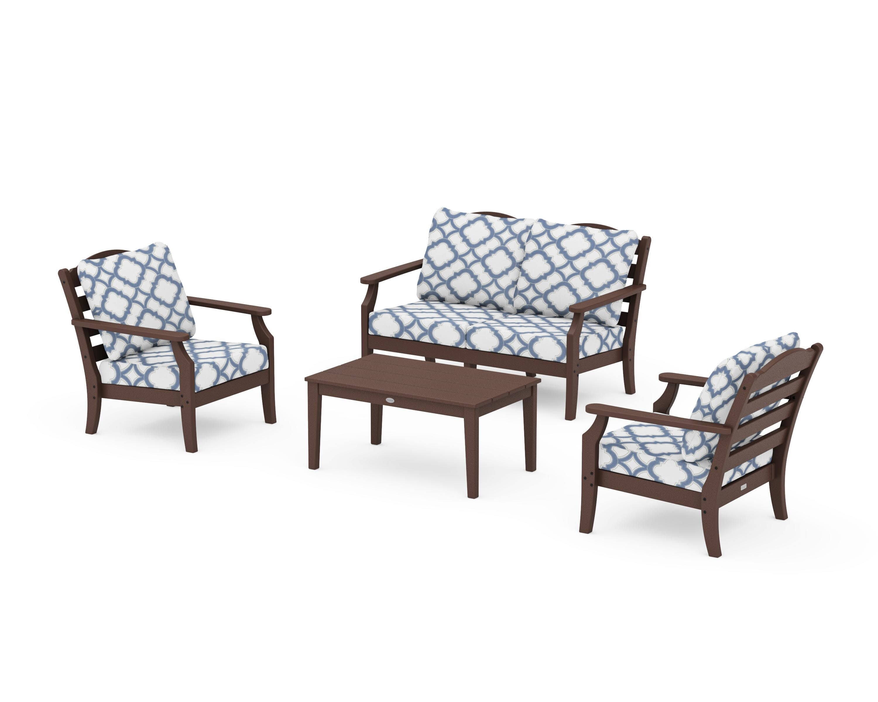 Savannah 4-Piece Deep Seating Set with Loveseat in Mahogany / Trellis Sky Blue