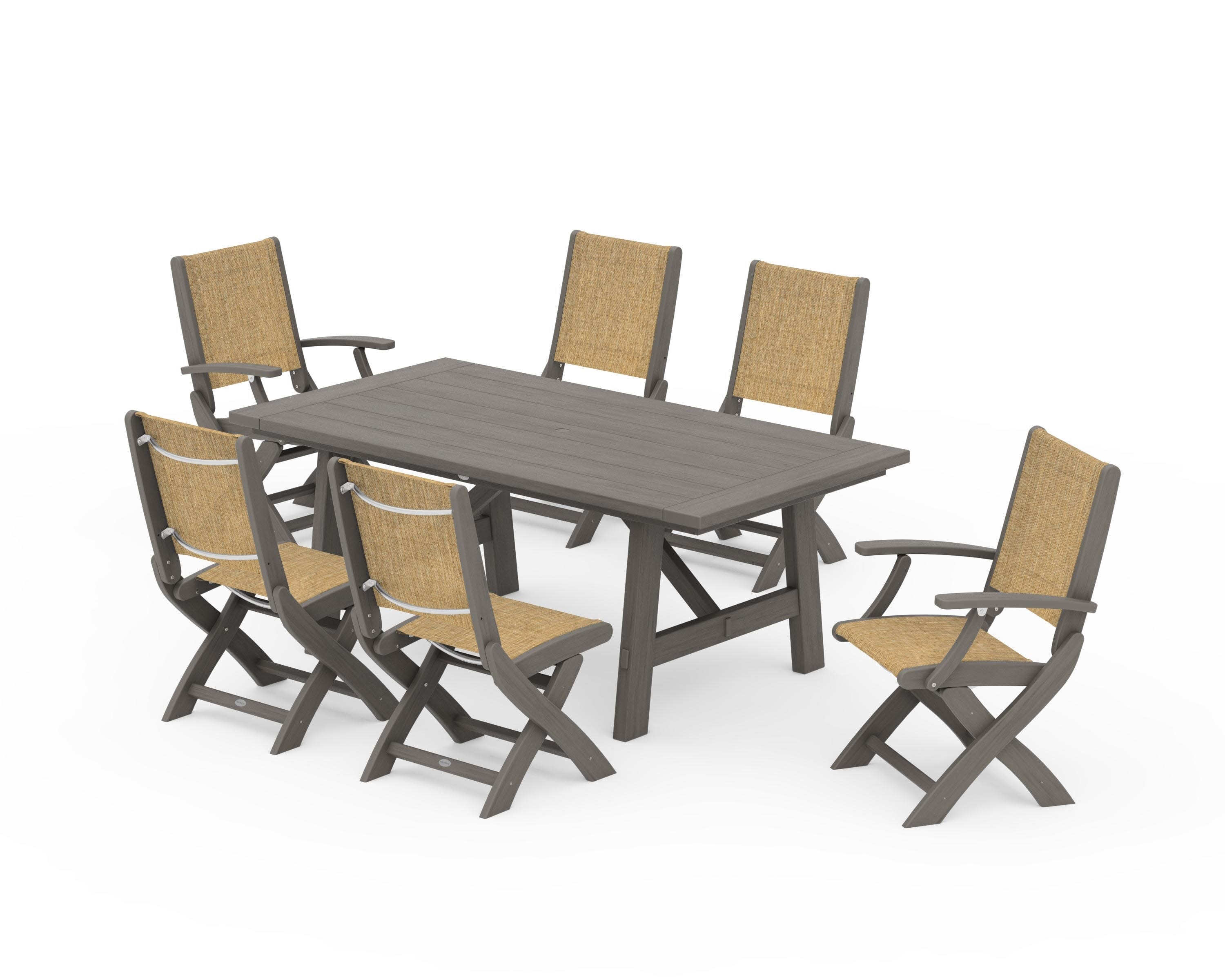 Coastal Folding Chair 7-Piece Rustic Farmhouse Dining Set in Driftwood / Burlap Sling