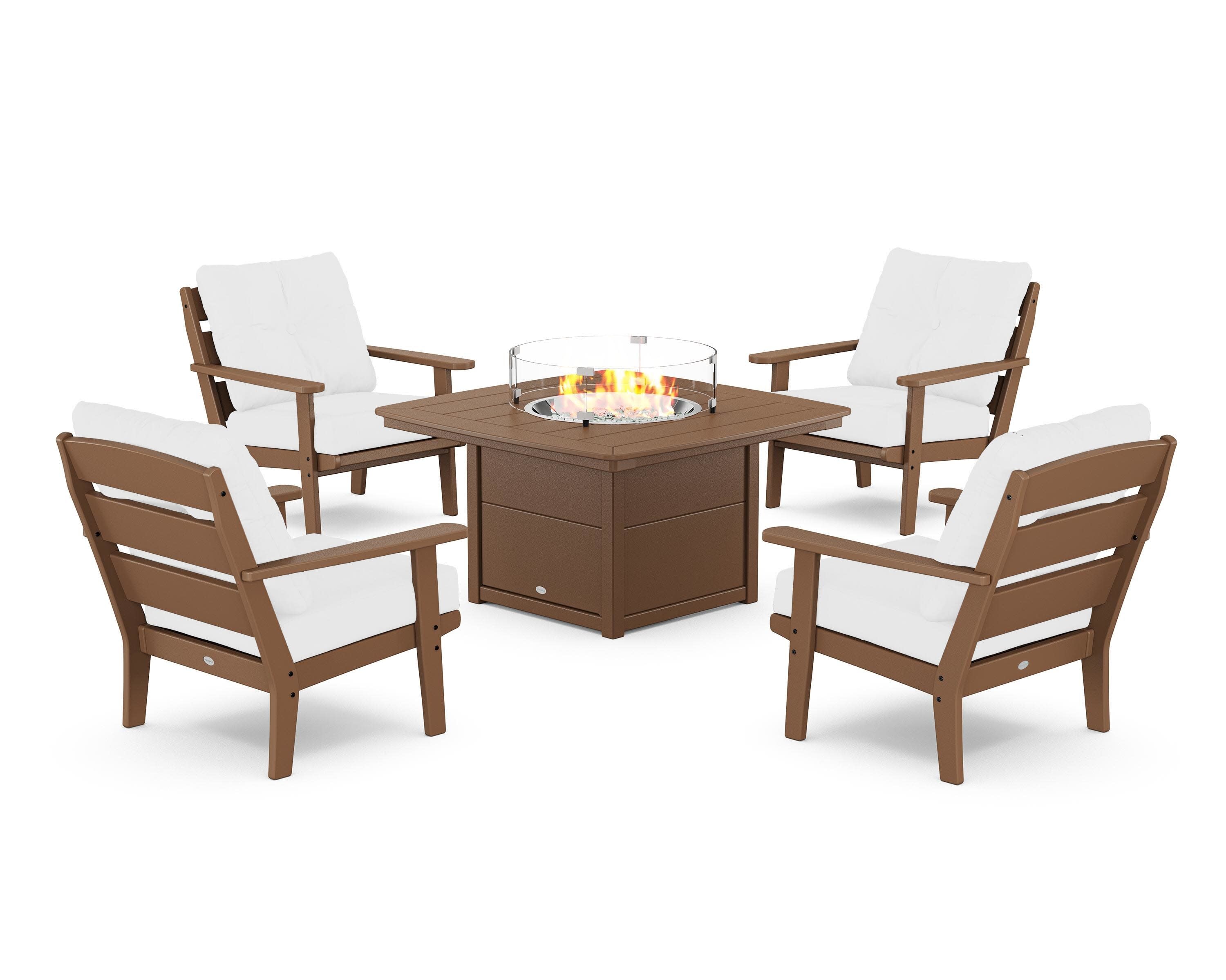 Lakeside 5-Piece Deep Seating Set with Nautical Fire Pit Table in Teak / Natural