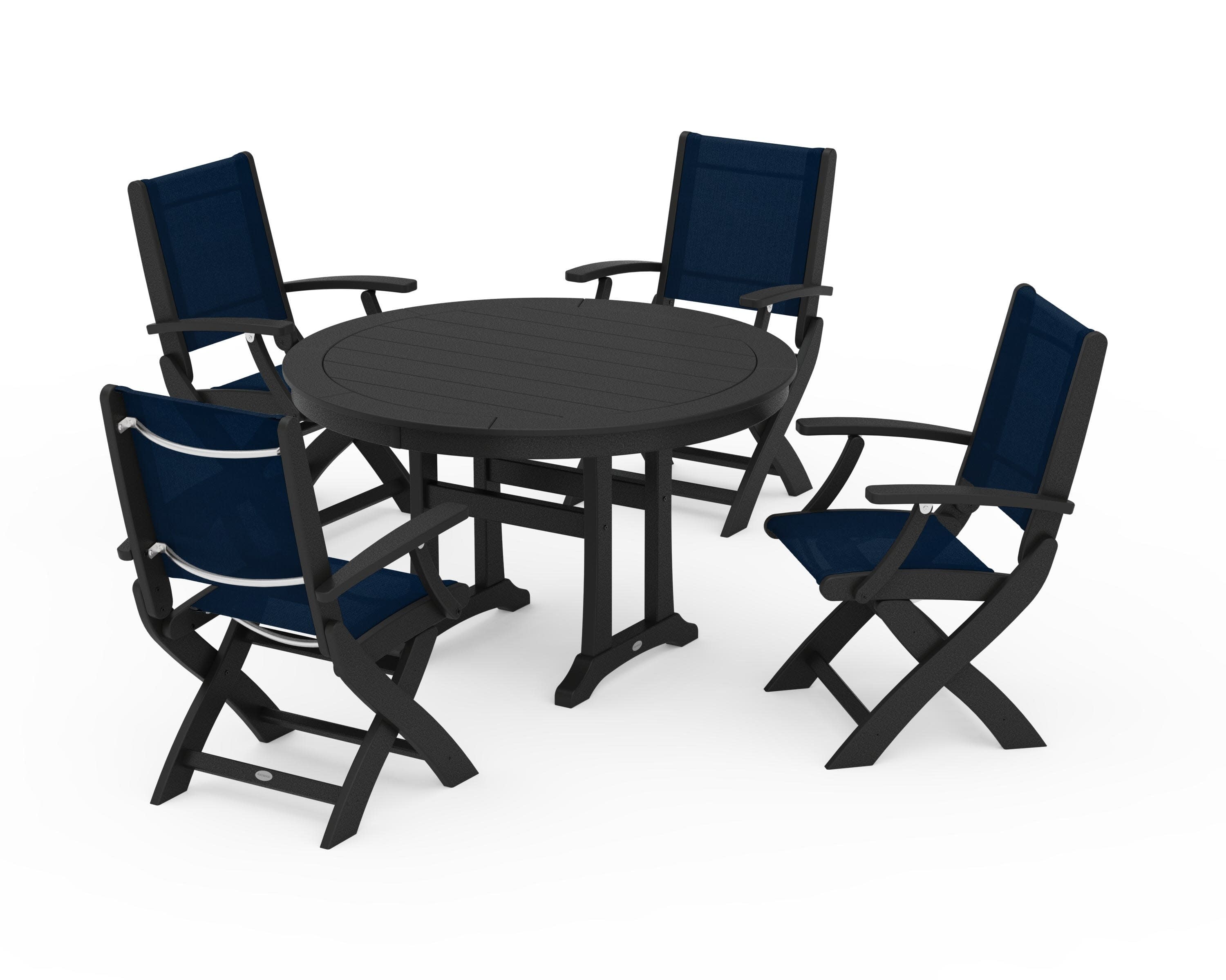 Coastal Folding Chair 5-Piece Round Dining Set with Trestle Legs in Black / Navy Blue Sling