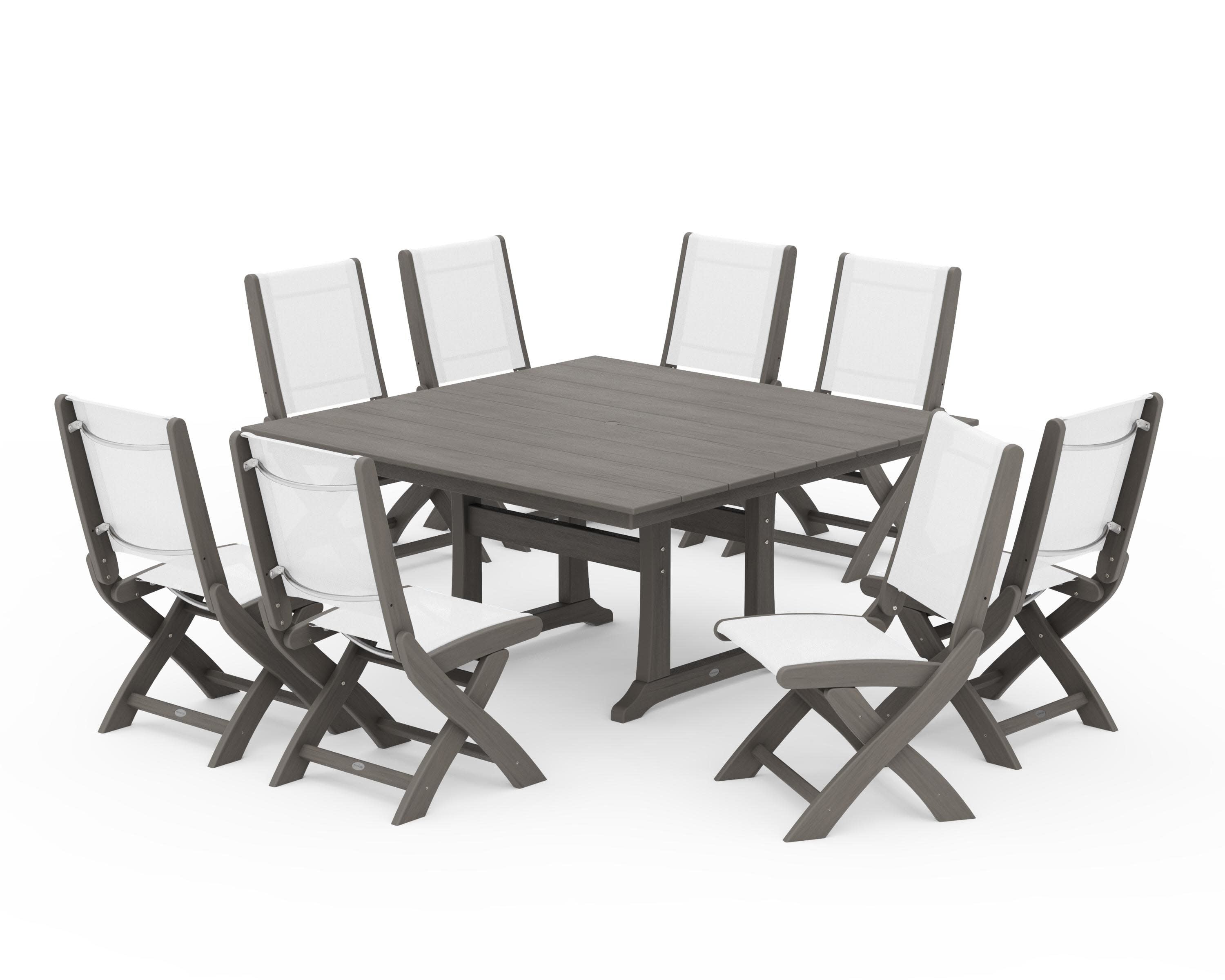 Coastal Folding Side Chair 9-Piece Farmhouse Dining Set in Driftwood / White Sling