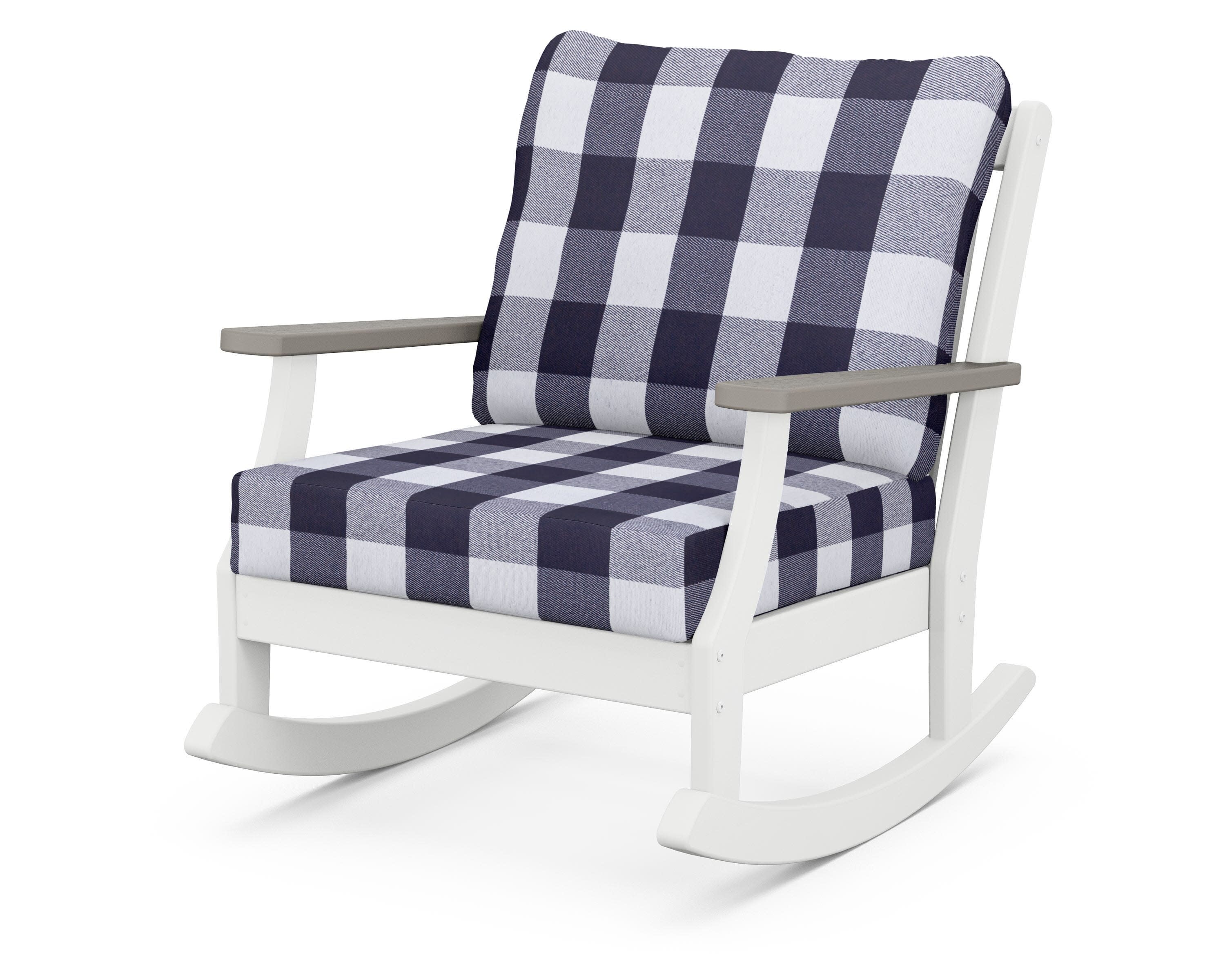 Braxton Deep Seating Rocking Chair in White / Driftwood / Buffalo Plaid Navy