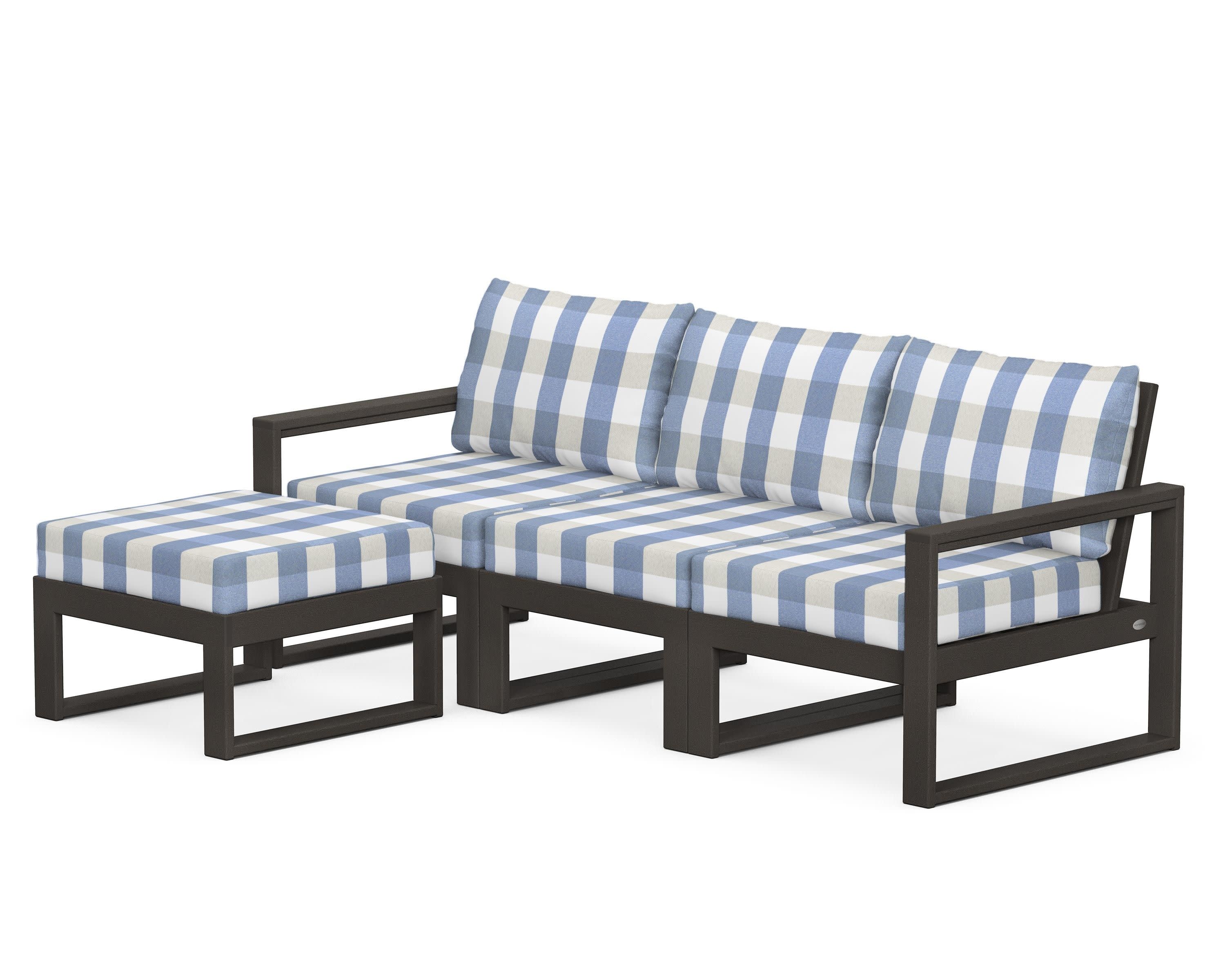 EDGE 4-Piece Modular Deep Seating Set with Ottoman in Vintage Coffee / Buffalo Plaid Sky Blue