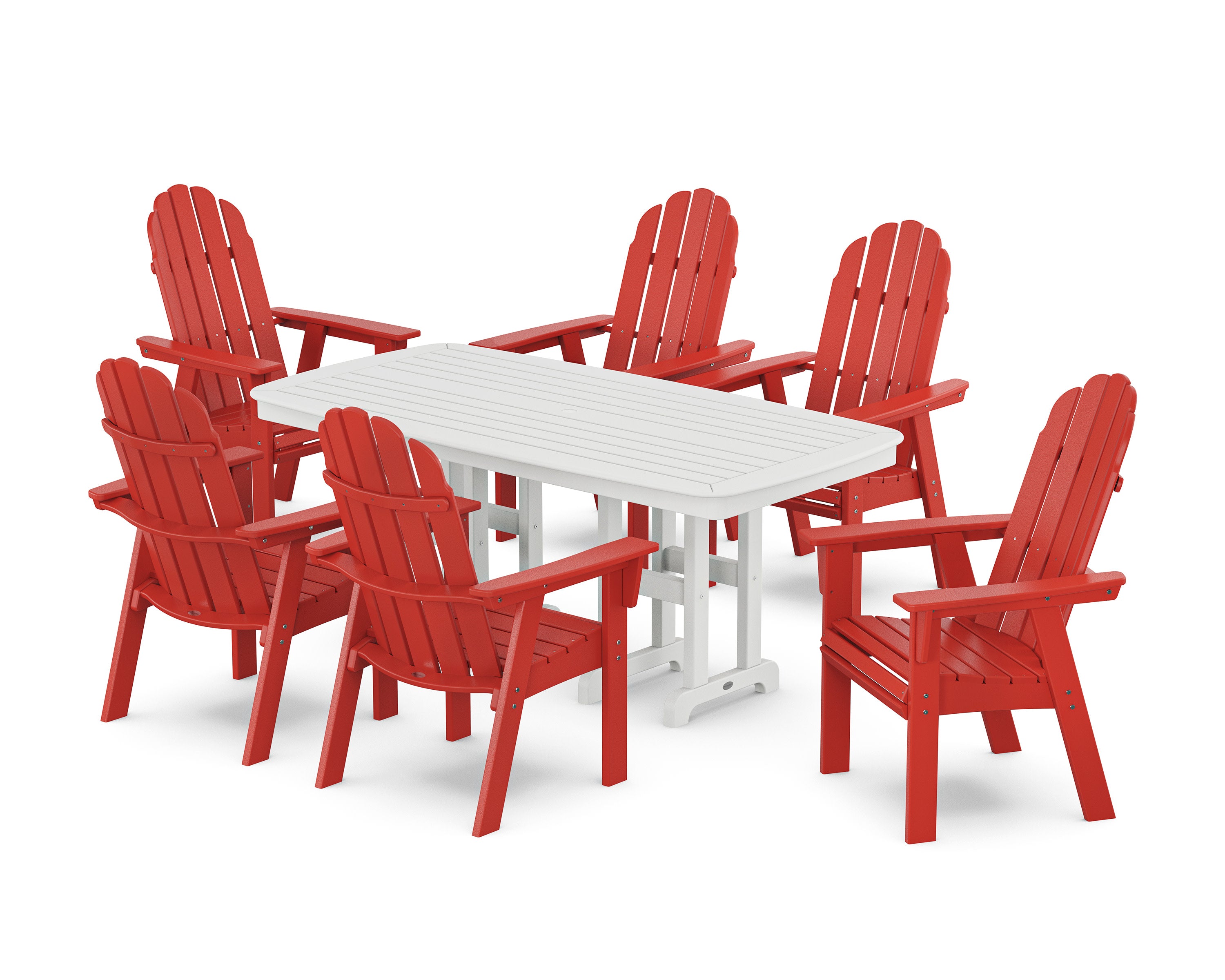 Vineyard Curveback Adirondack Chair 7-Piece Dining Set in Sunset Red / White