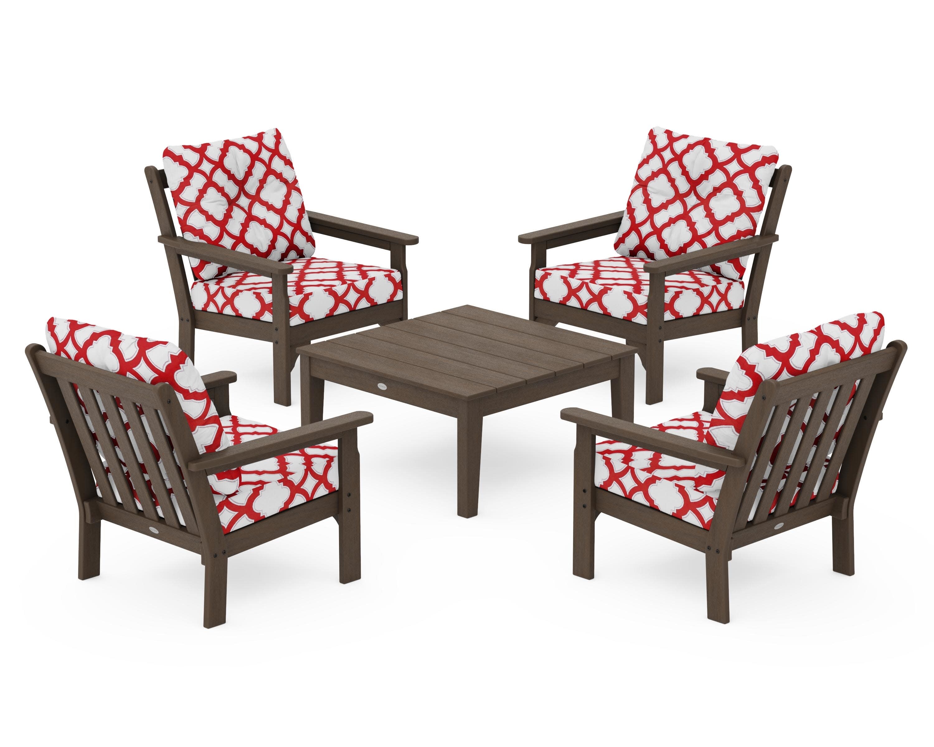 Vineyard 5-Piece Deep Seating Conversation Set in Kona / Trellis Crimson