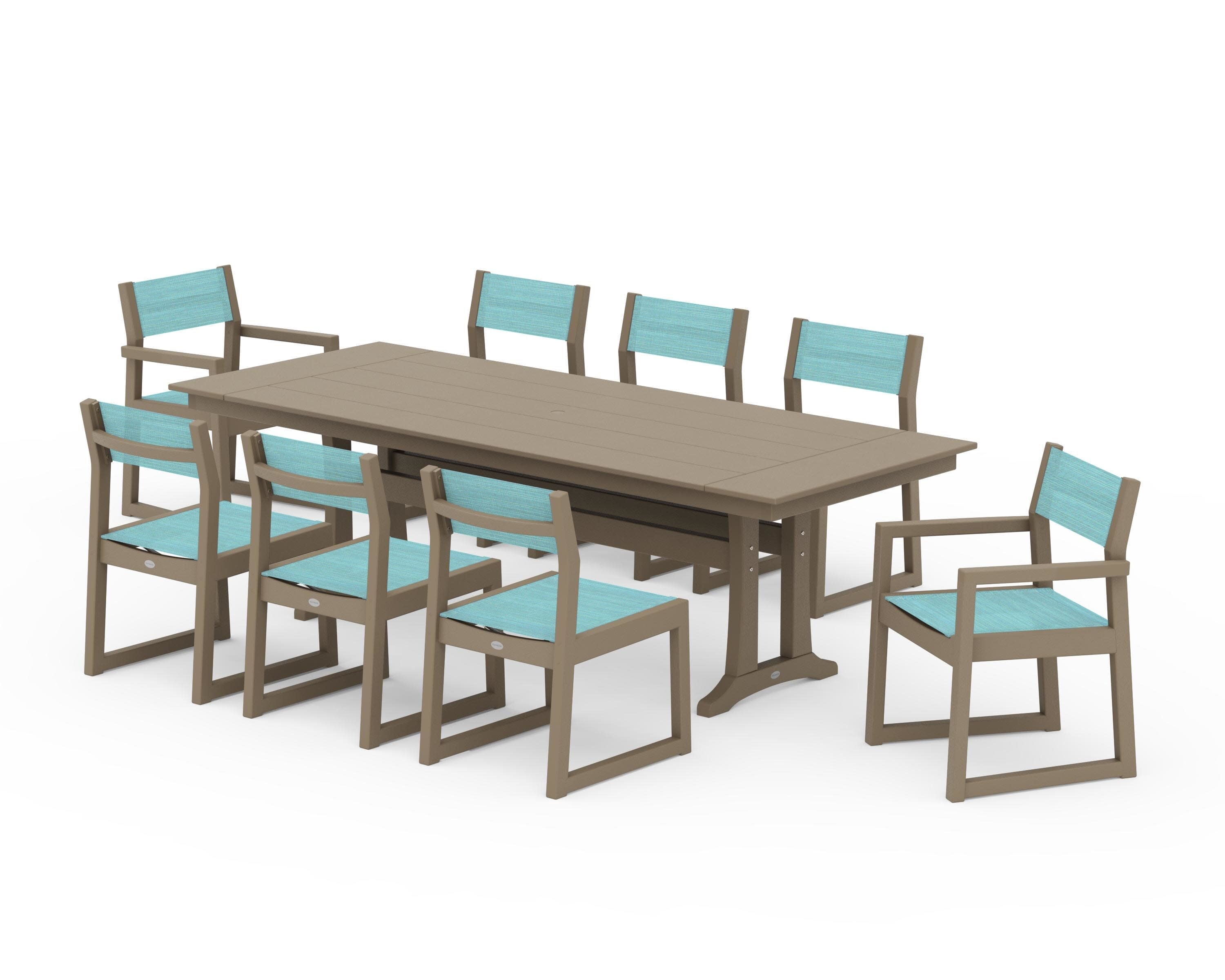 EDGE Sling 9-Piece Farmhouse Trestle Dining Set in Vintage Sahara / Dupioni Aquamarine Sling
