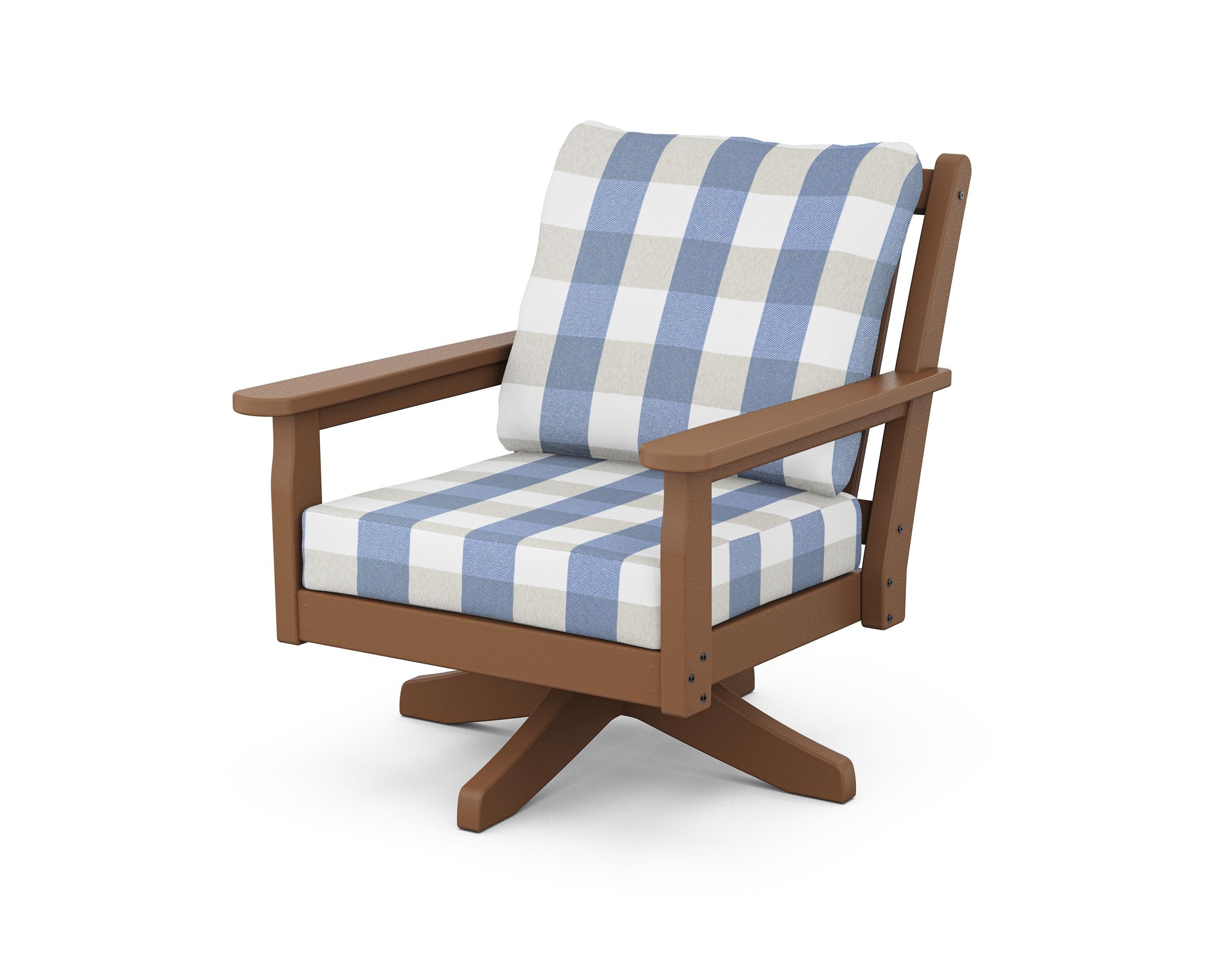 Chippendale Deep Seating Swivel Chair in Teak / Buffalo Plaid Sky Blue