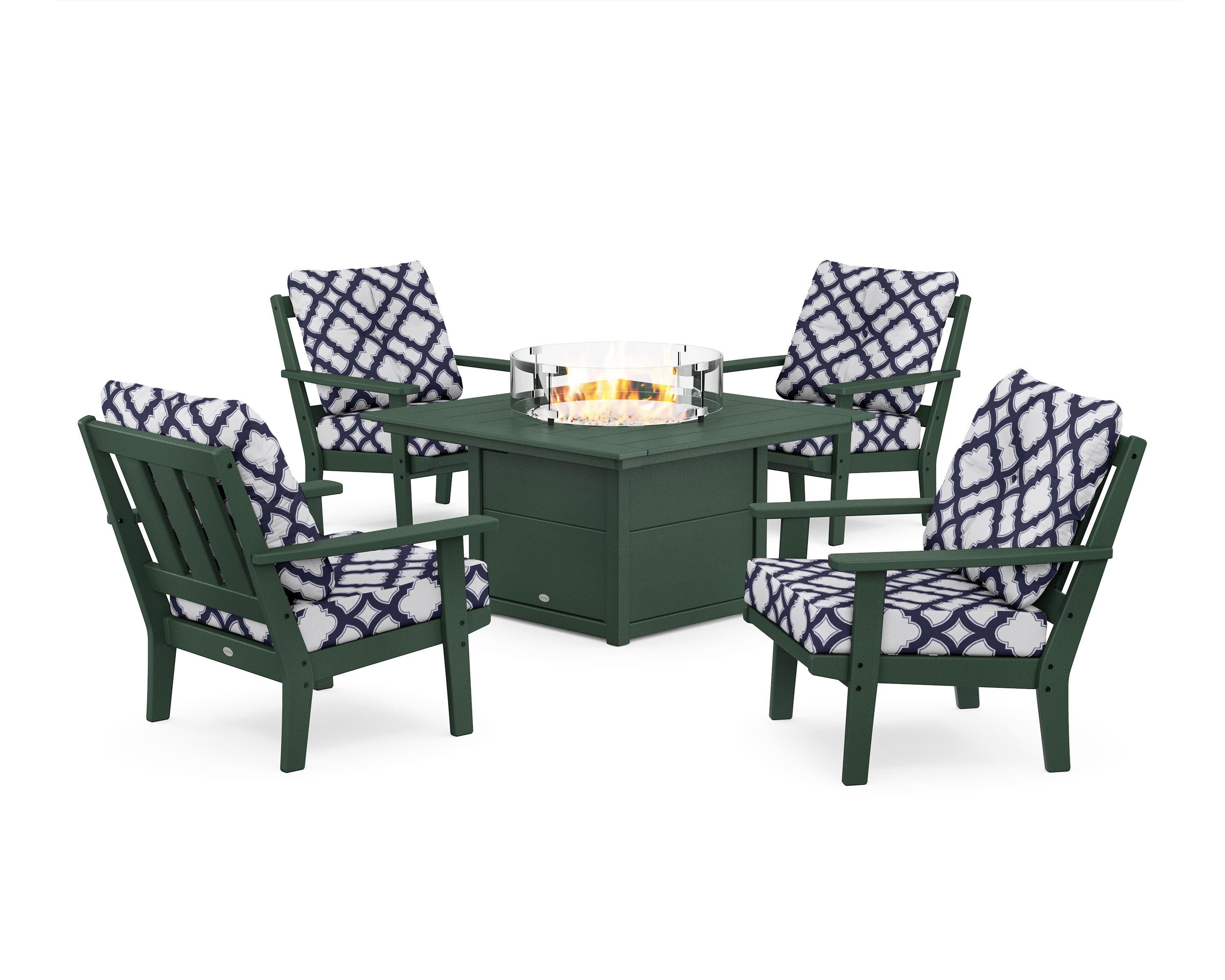 Oxford 5-Piece Deep Seating Set with Fire Pit Table in Green / Trellis Navy