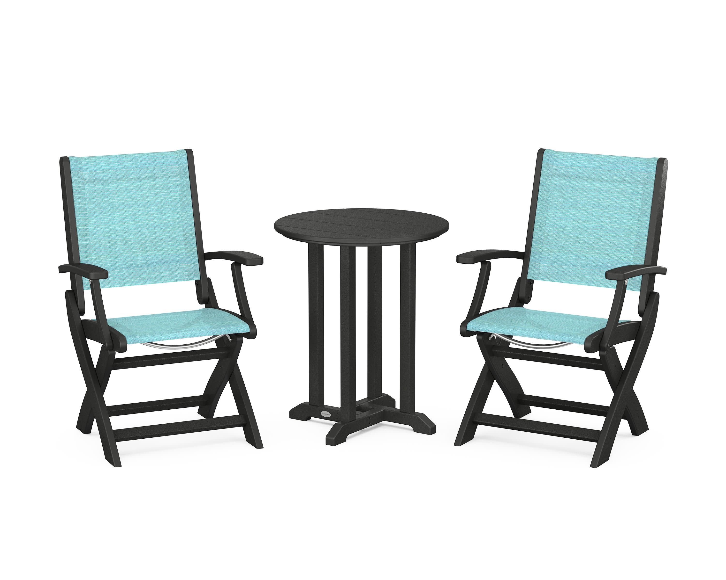 Coastal Folding 3-Piece Round Bistro Dining Set in Black / Dupioni Aquamarine Sling