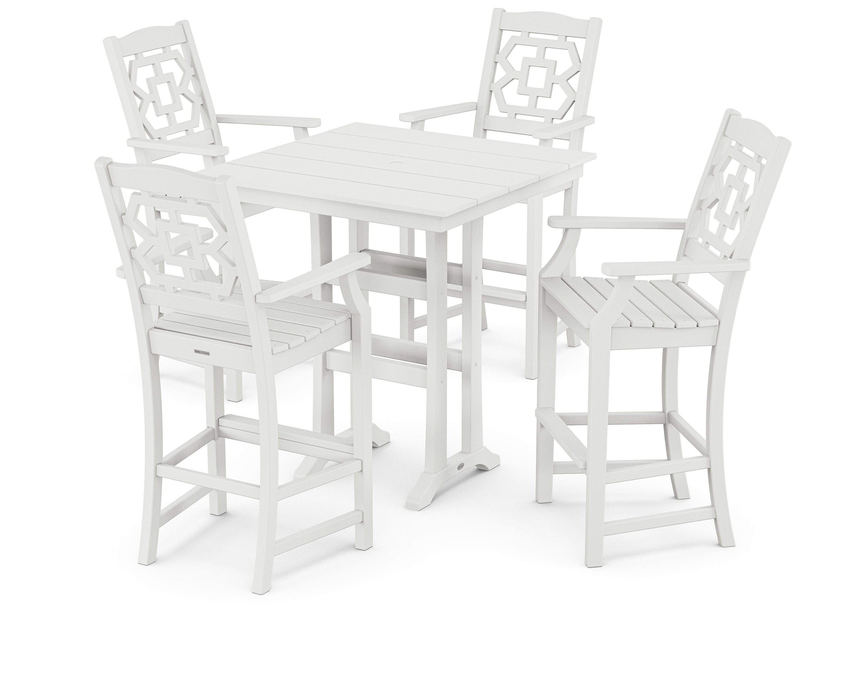 Chinoiserie 5-Piece Farmhouse Bar Set with Trestle Legs in White