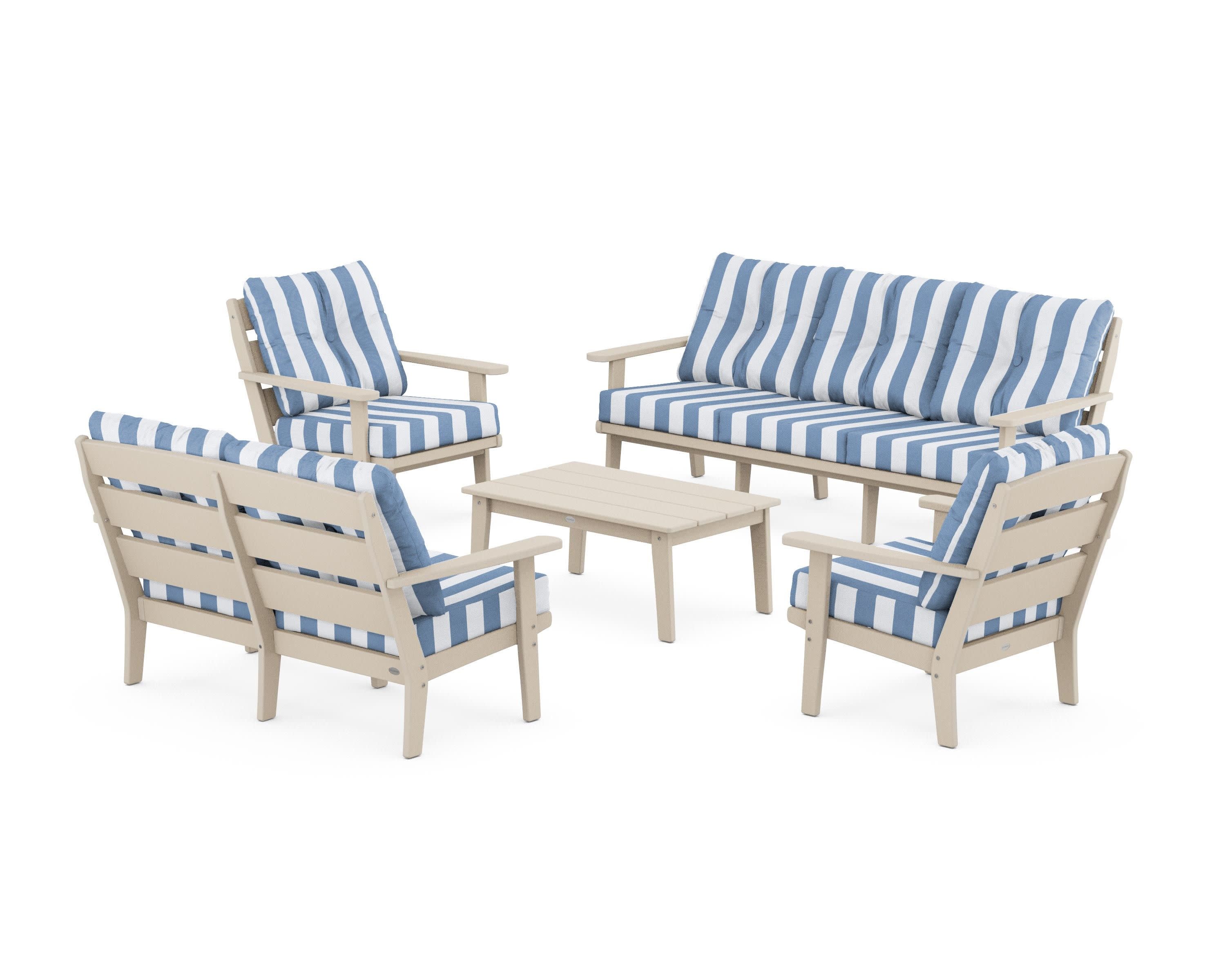 Lakeside 5-Piece Lounge Sofa Set in Sand / Cabana Stripe Sky Blue