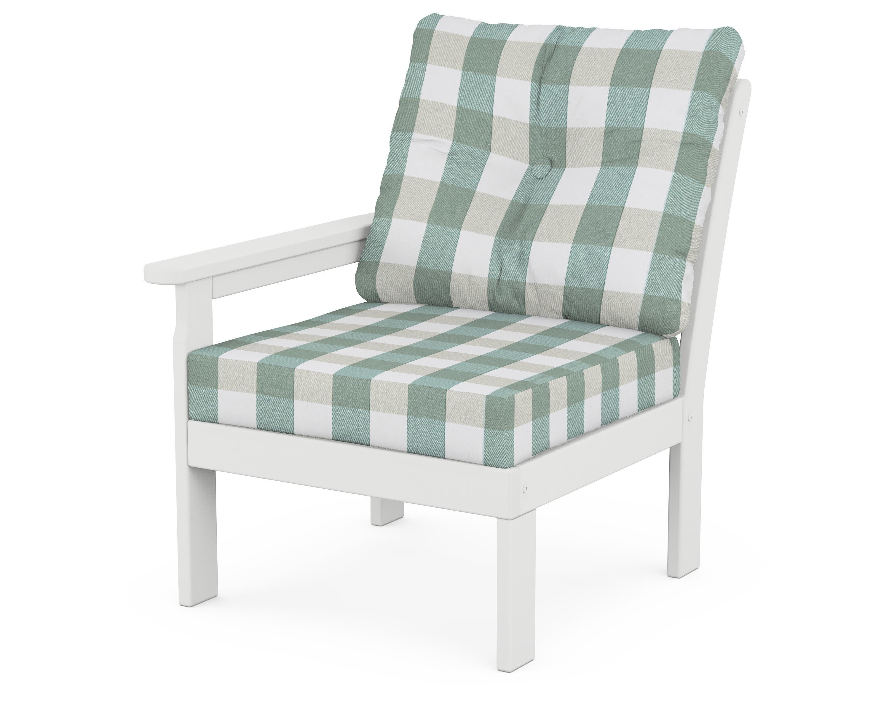 Vineyard Modular Left Arm Chair in White / Buffalo Plaid Glacier Spa
