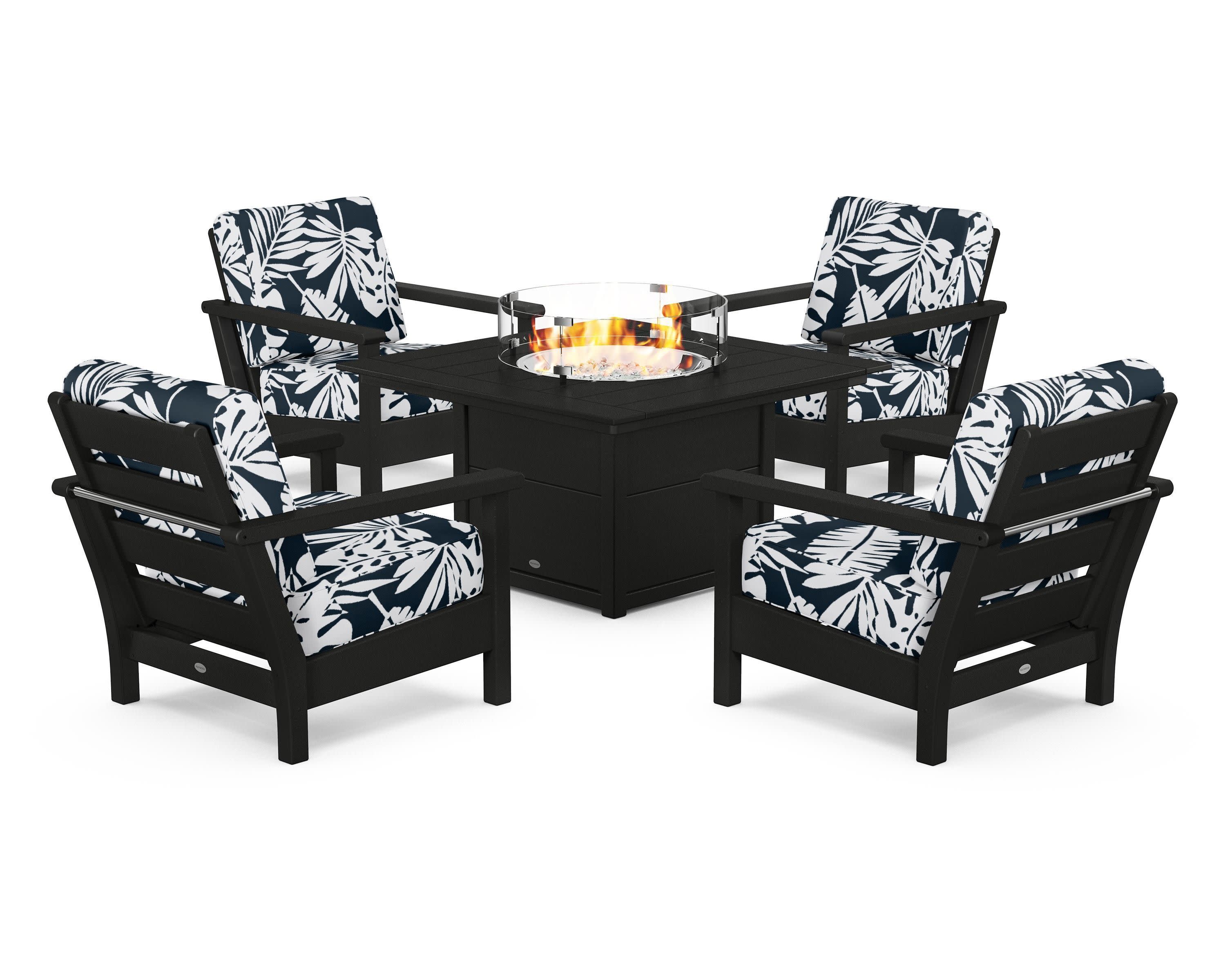 Harbour 5-Piece Conversation Set with Fire Pit Table in Black / Leaf Marine Indigo