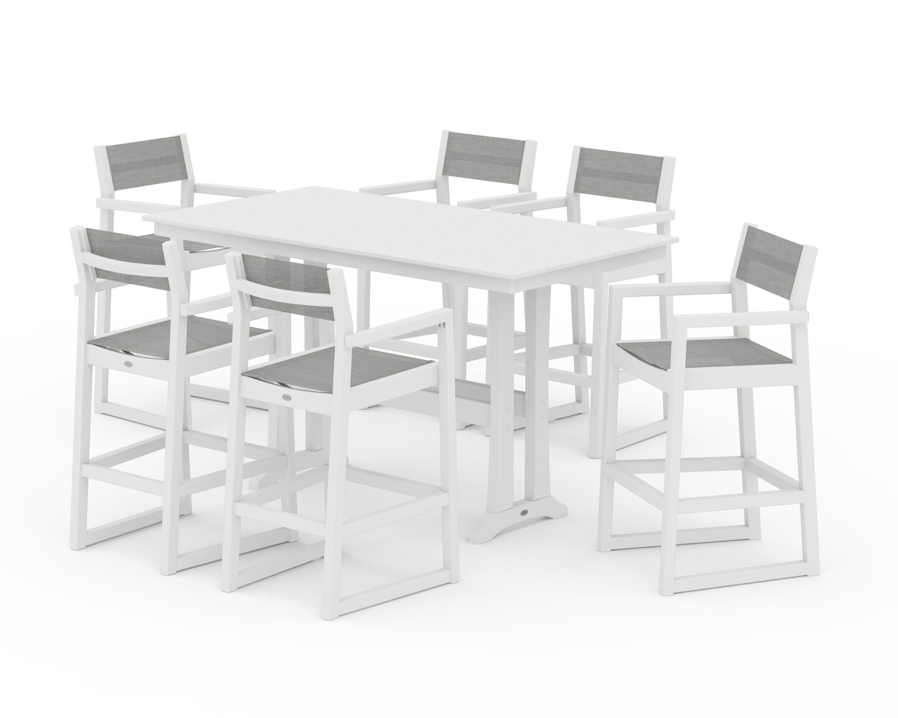 EDGE Sling Arm Chair 7-Piece Farmhouse Bar Set with Trestle Legs in White / Metallic Sling