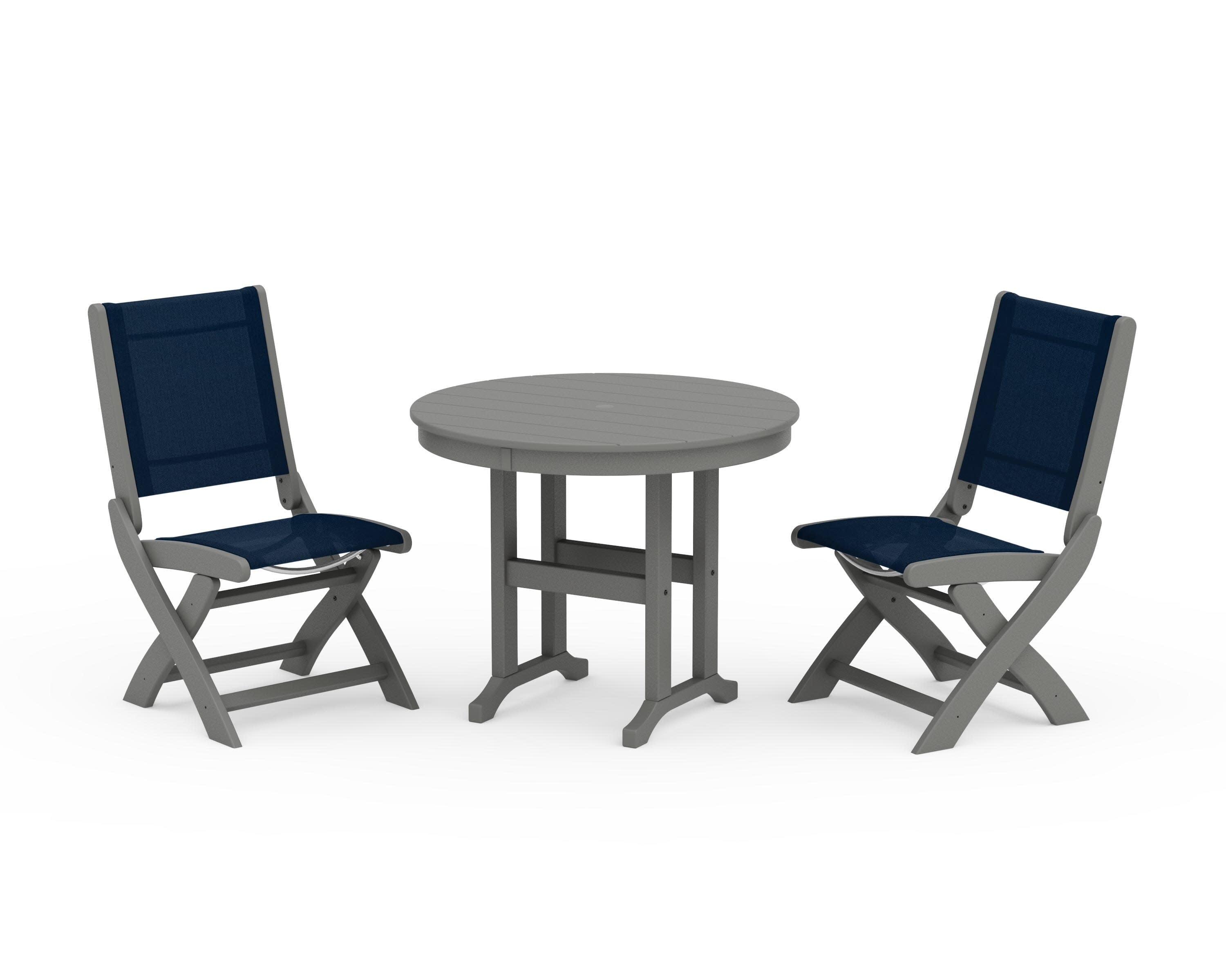 Coastal Folding Side Chair 3-Piece Round Dining Set in Slate Grey / Navy Blue Sling