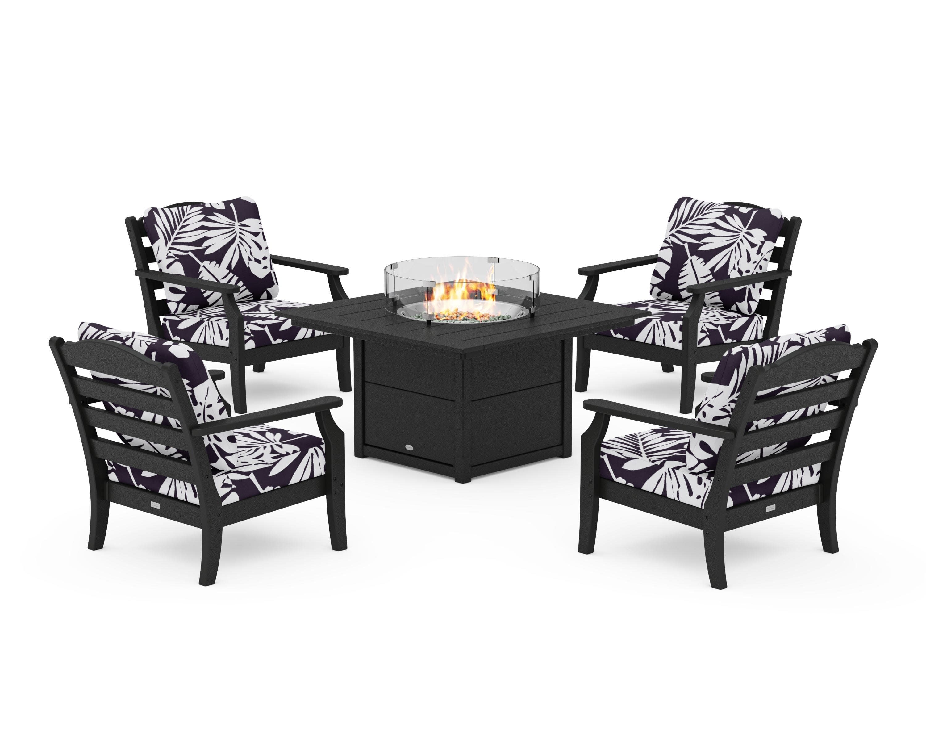 Savannah 5-Piece Deep Seating Set with Fire Pit Table in Black / Leaf Navy