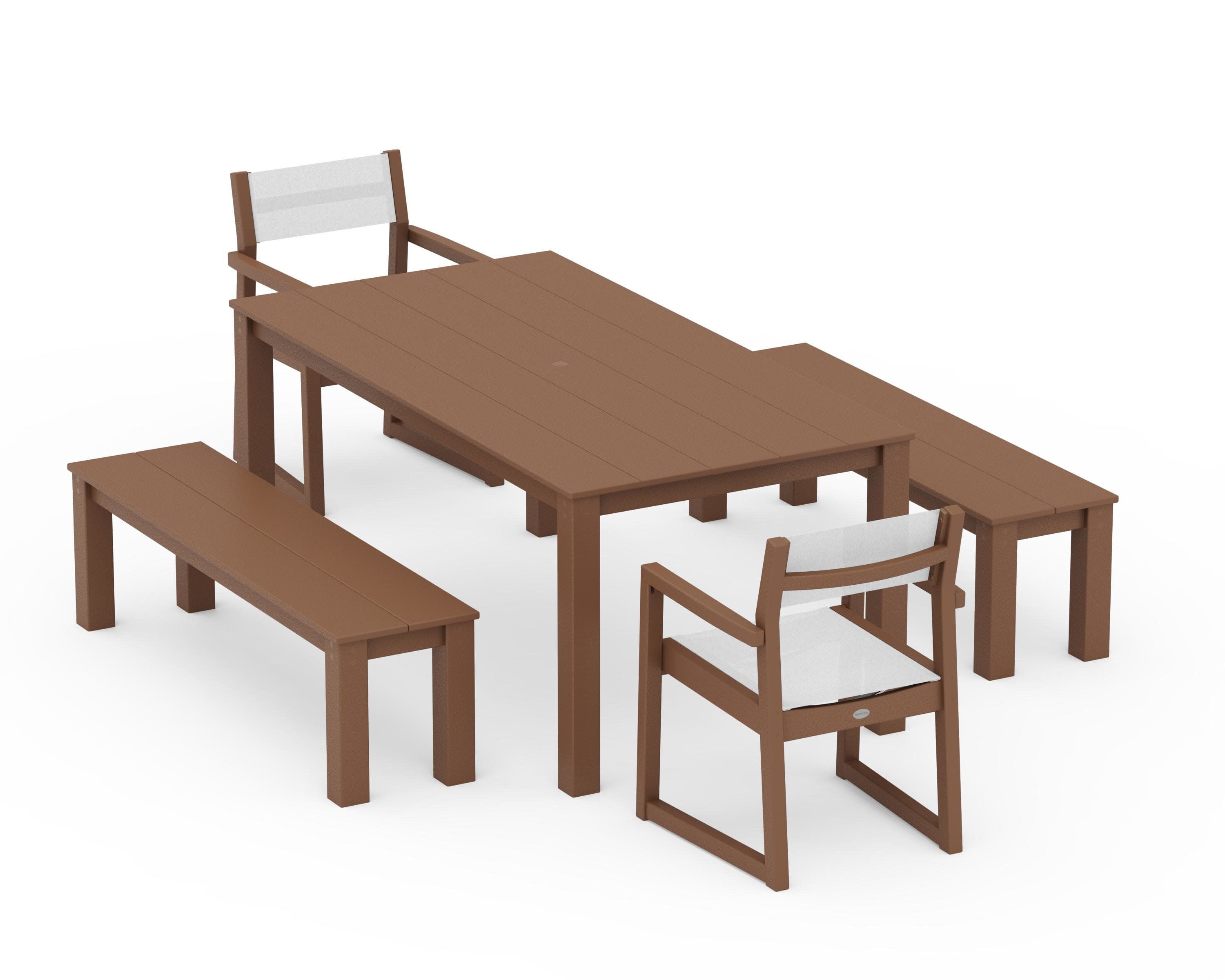 EDGE Sling Arm Chair 5-Piece Parsons Dining Set with Benches in Teak / White Sling
