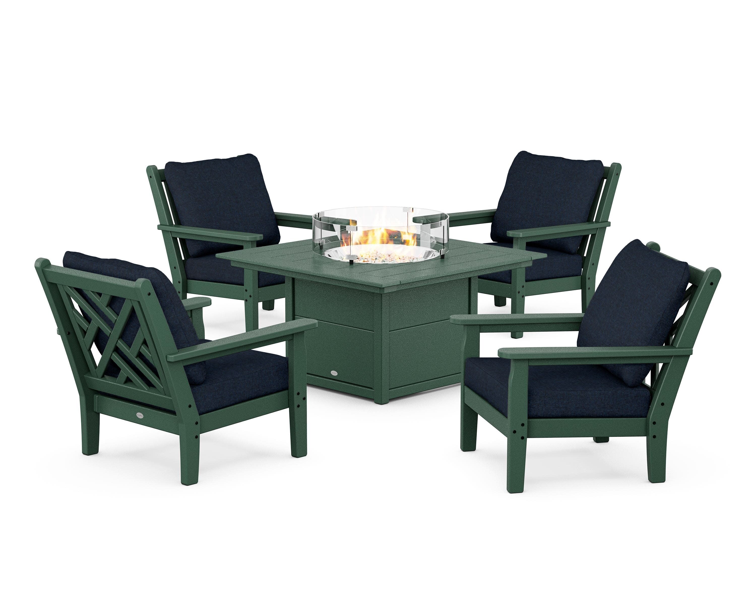 Chippendale 5-Piece Deep Seating Set with Fire Pit Table in Green / Marine Indigo