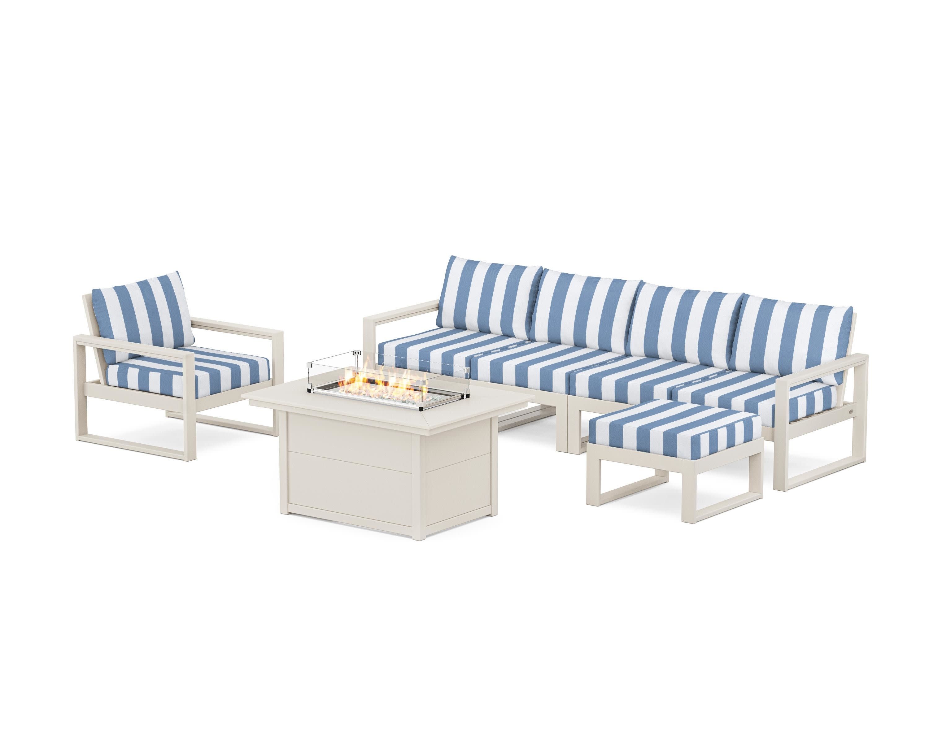 EDGE Sectional Lounge and Fire Pit Set in Sand / Cabana Stripe Sky Blue